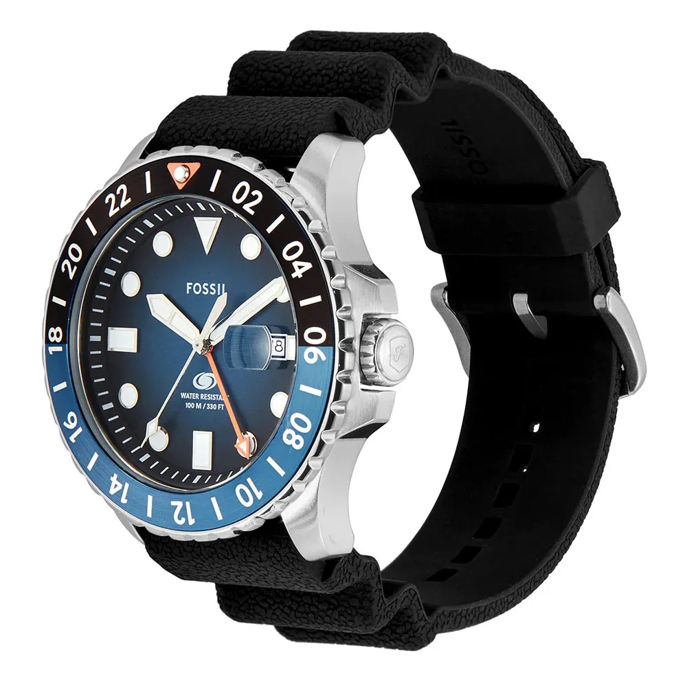 Fossil Blue FS6049 GMT Gents Blue Dial Black Silicone Strap Watch