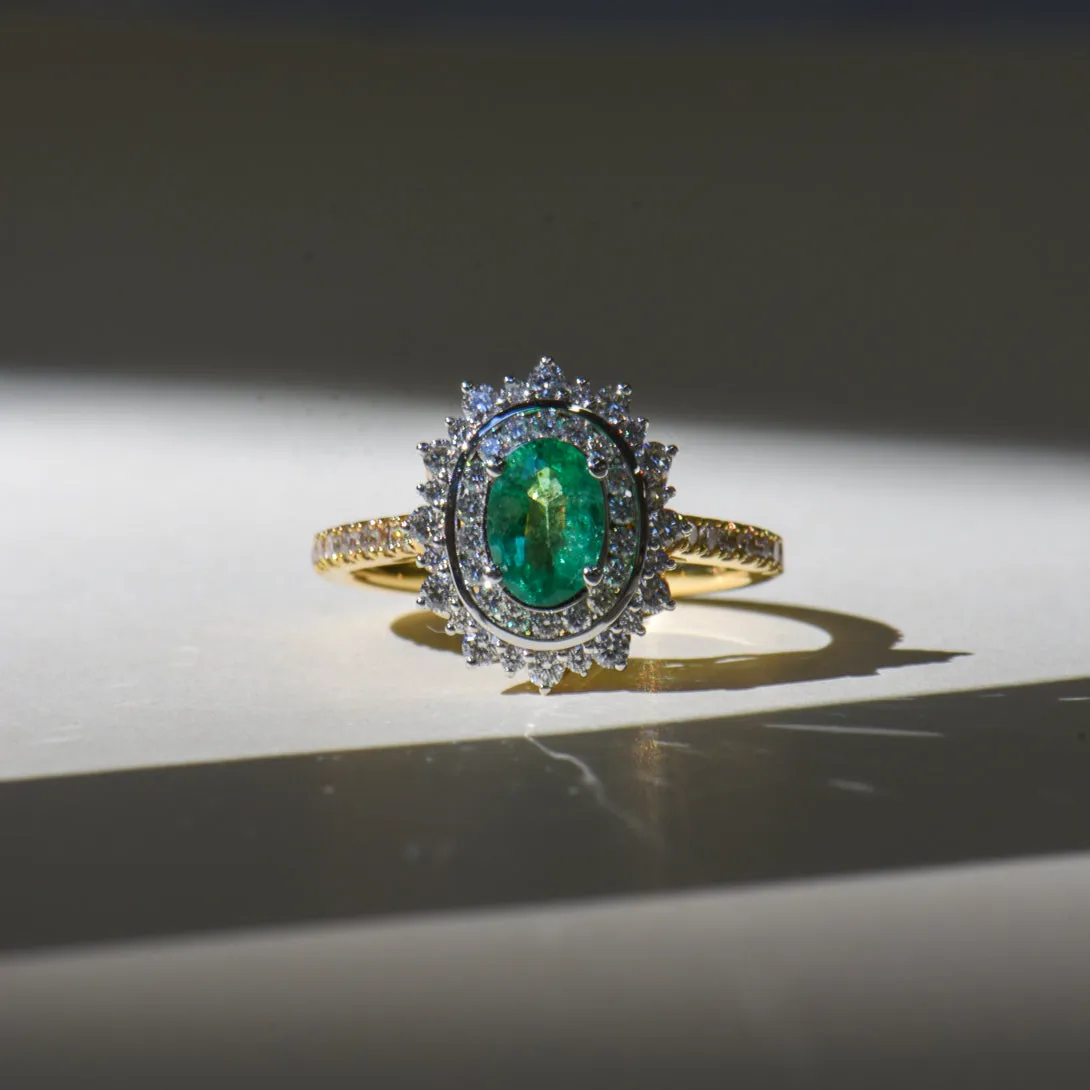 Gemstone Centre and Double Diamond Halo Ring with Shoulder Stones