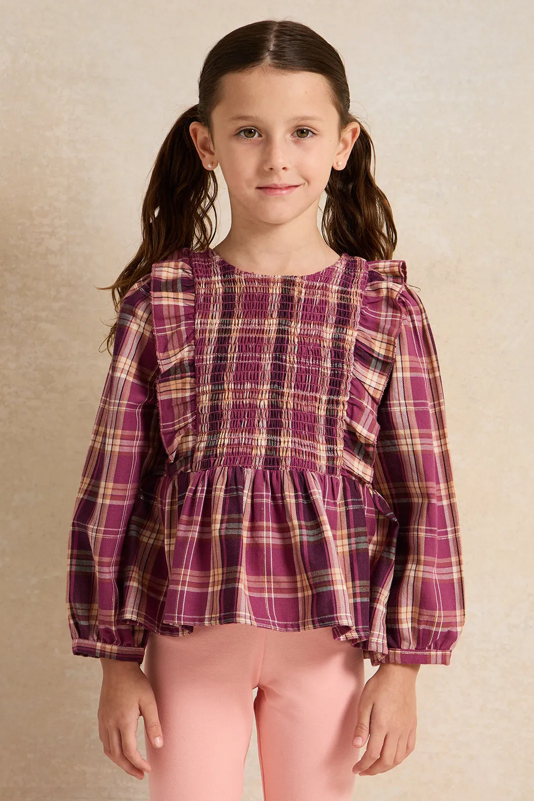 Girls Purple Checkered Blouse With Frills At Shoulder