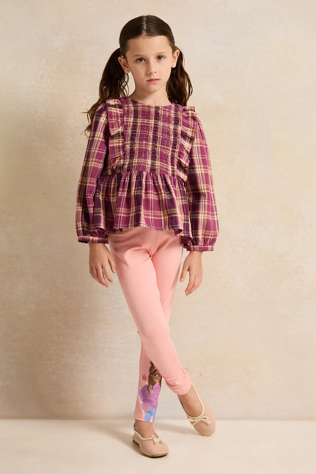 Girls Purple Checkered Blouse With Frills At Shoulder