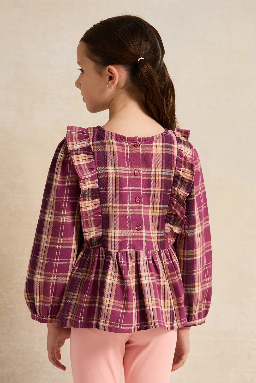 Girls Purple Checkered Blouse With Frills At Shoulder