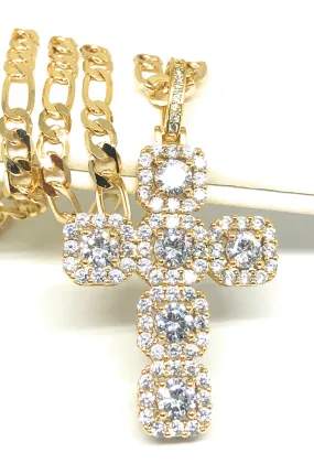 Gold Plated Cubic Zirconia Baguette Cross 24” Necklace Cruz