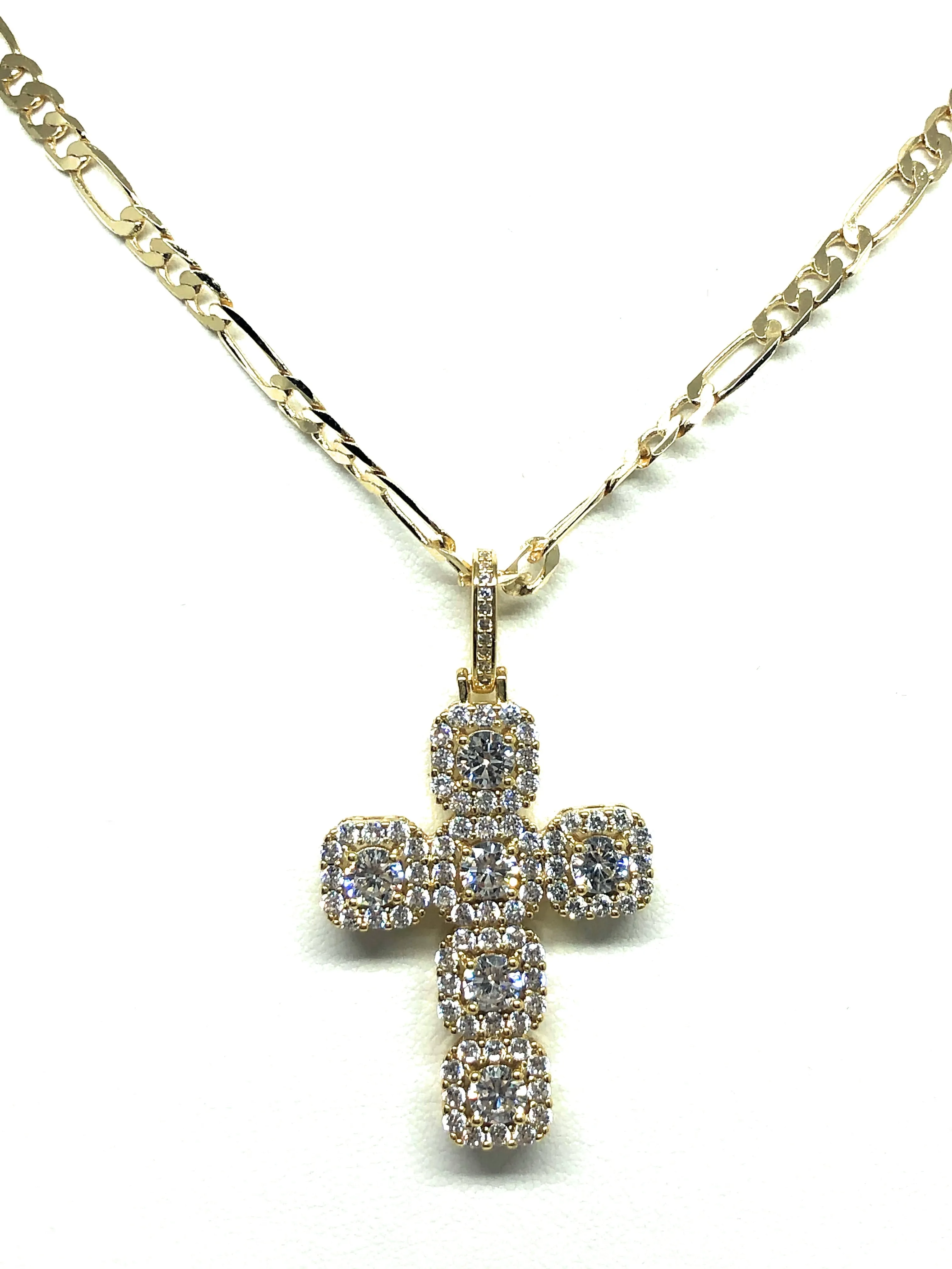 Gold Plated Cubic Zirconia Baguette Cross 24” Necklace Cruz