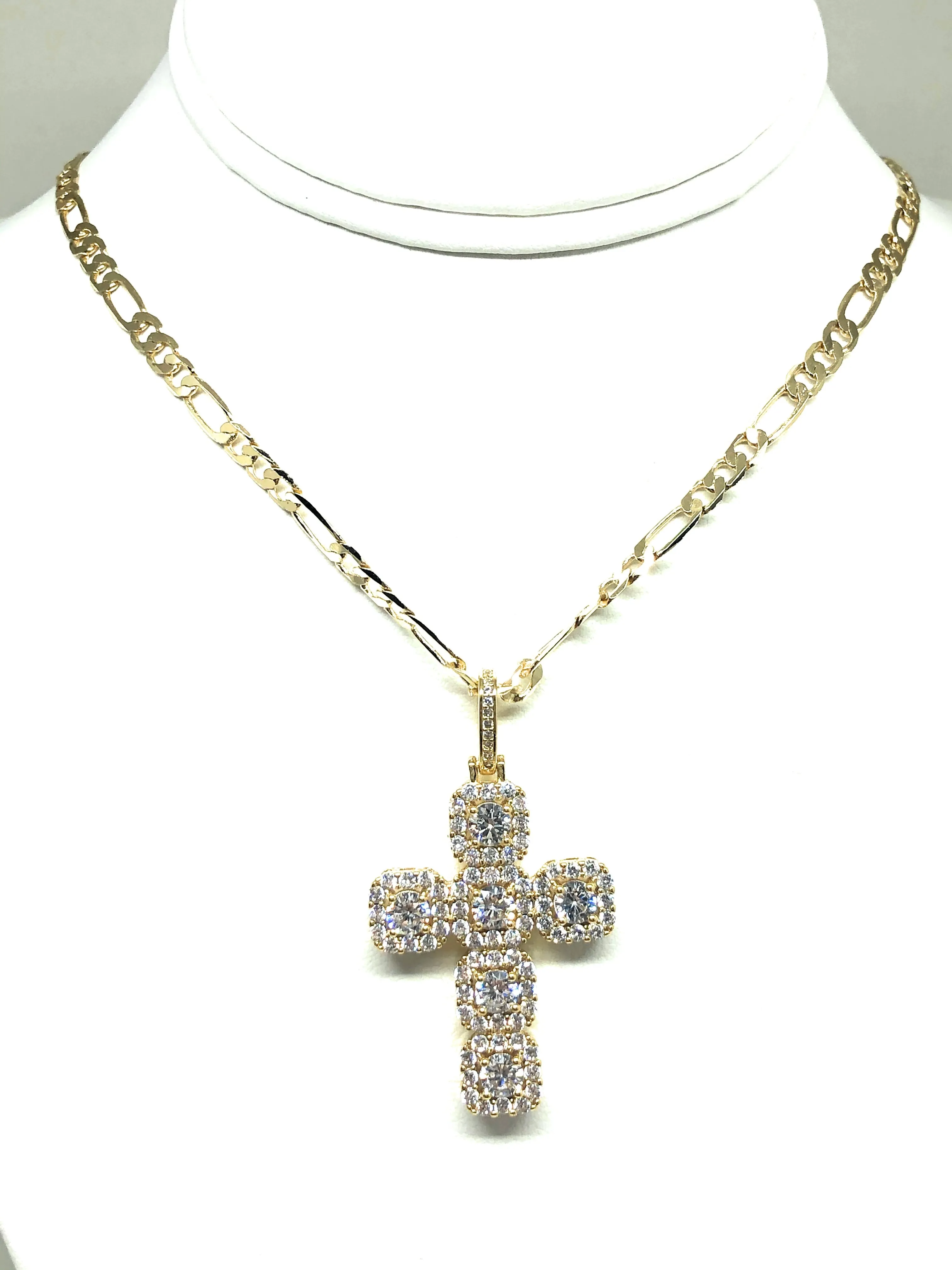 Gold Plated Cubic Zirconia Baguette Cross 24” Necklace Cruz