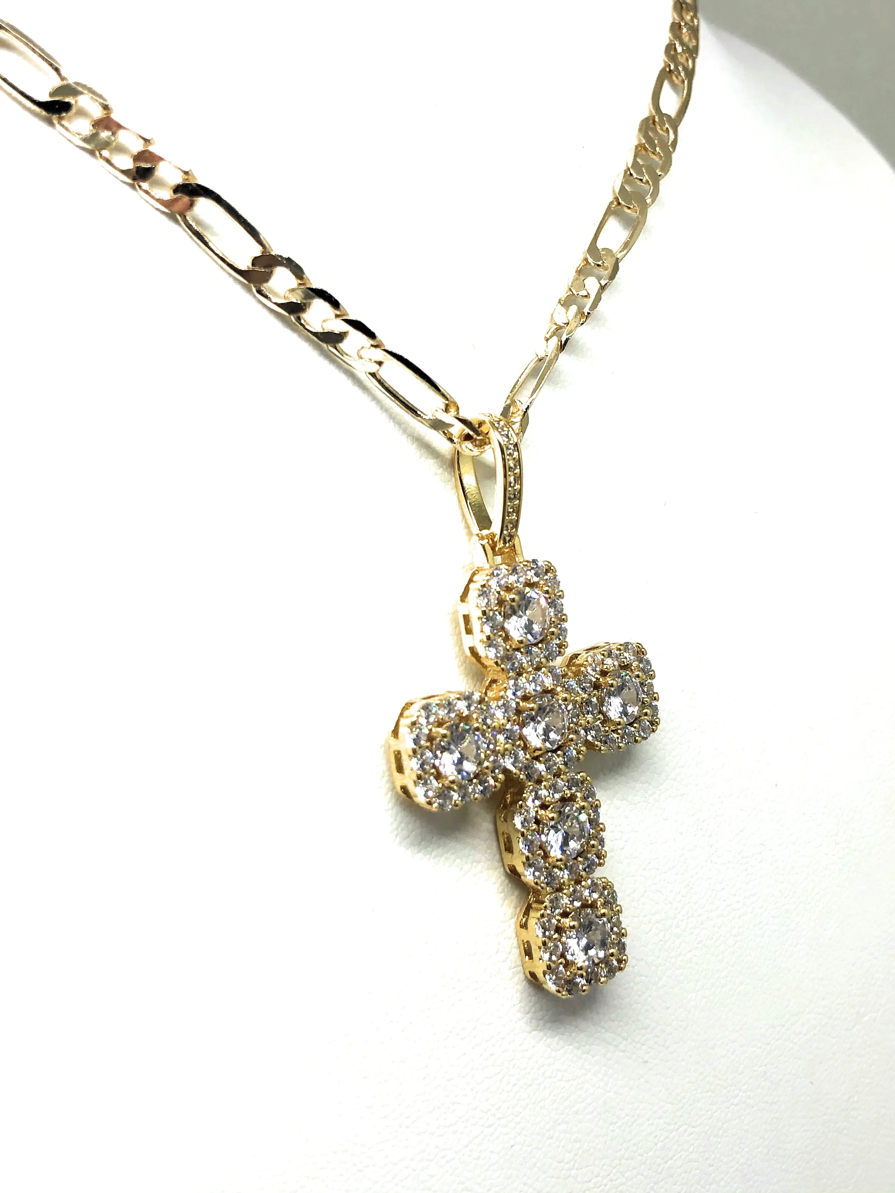 Gold Plated Cubic Zirconia Baguette Cross 24” Necklace Cruz