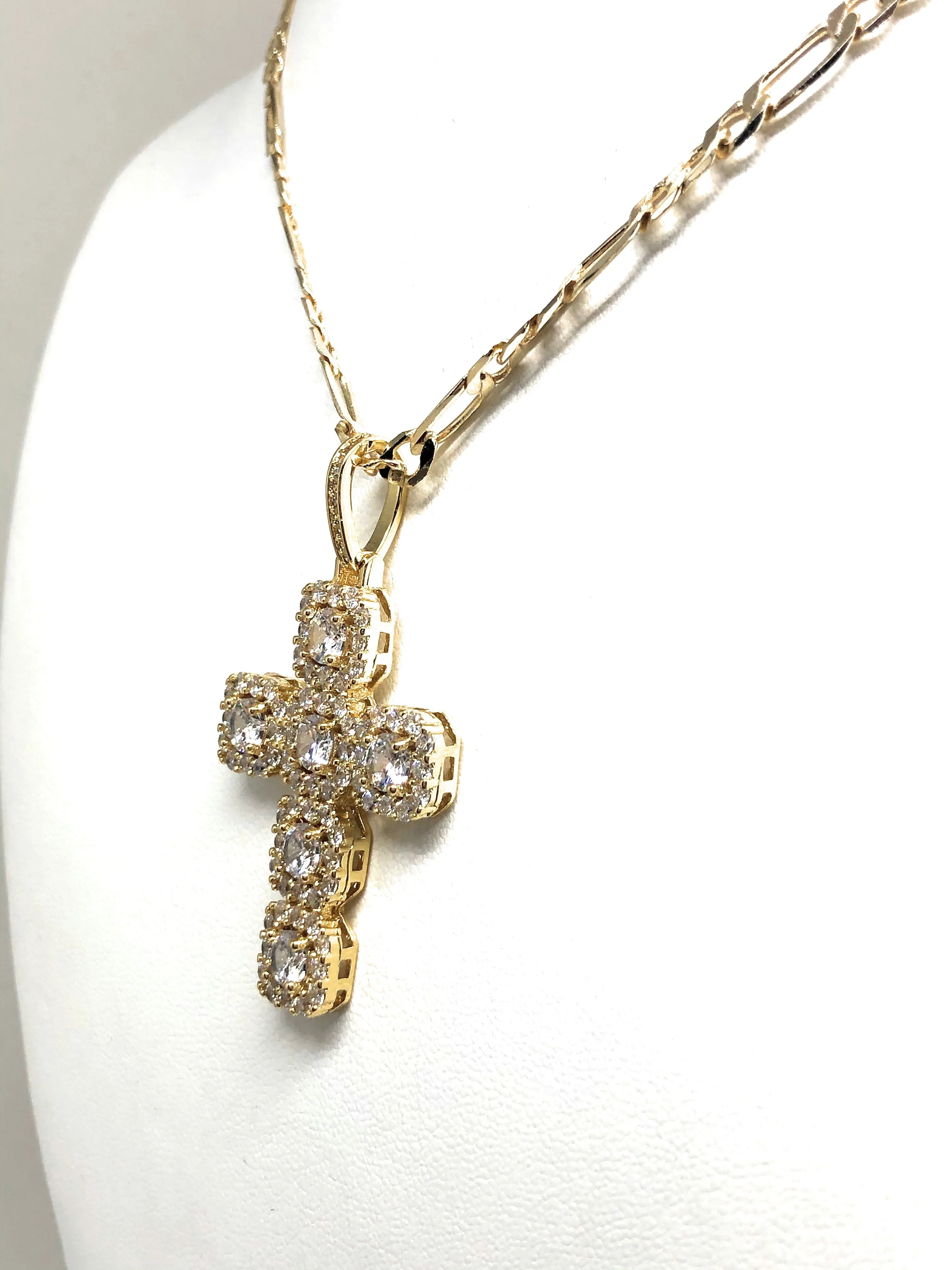 Gold Plated Cubic Zirconia Baguette Cross 24” Necklace Cruz