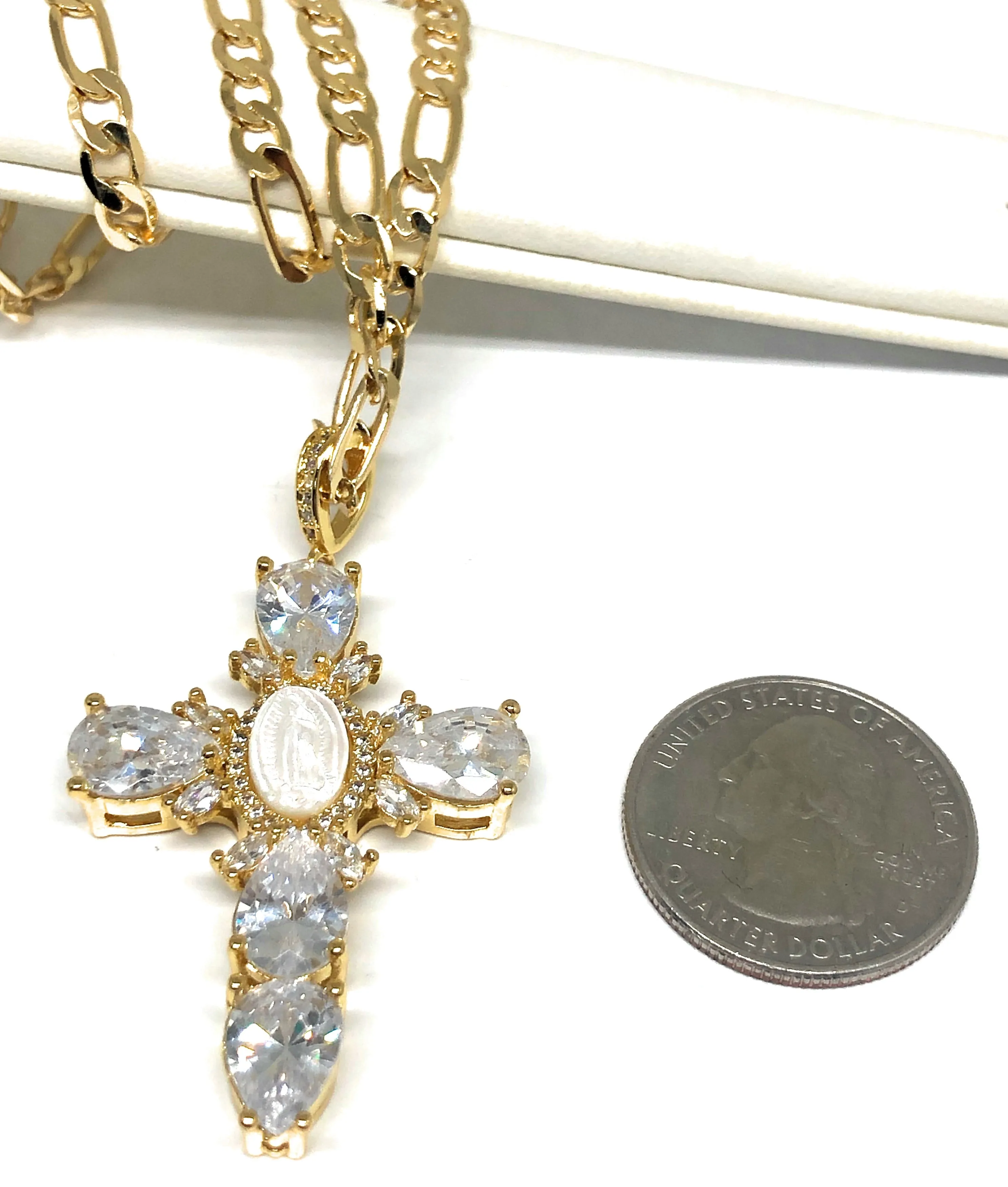 Gold Plated Cubic Zirconia Baguette Virgin Mary Cross 24” Necklace Cruz