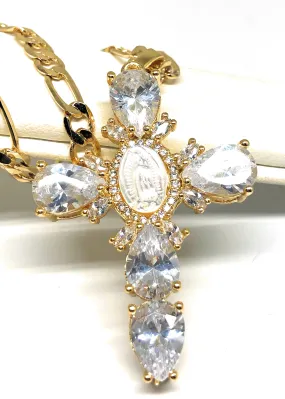 Gold Plated Cubic Zirconia Baguette Virgin Mary Cross 24” Necklace Cruz