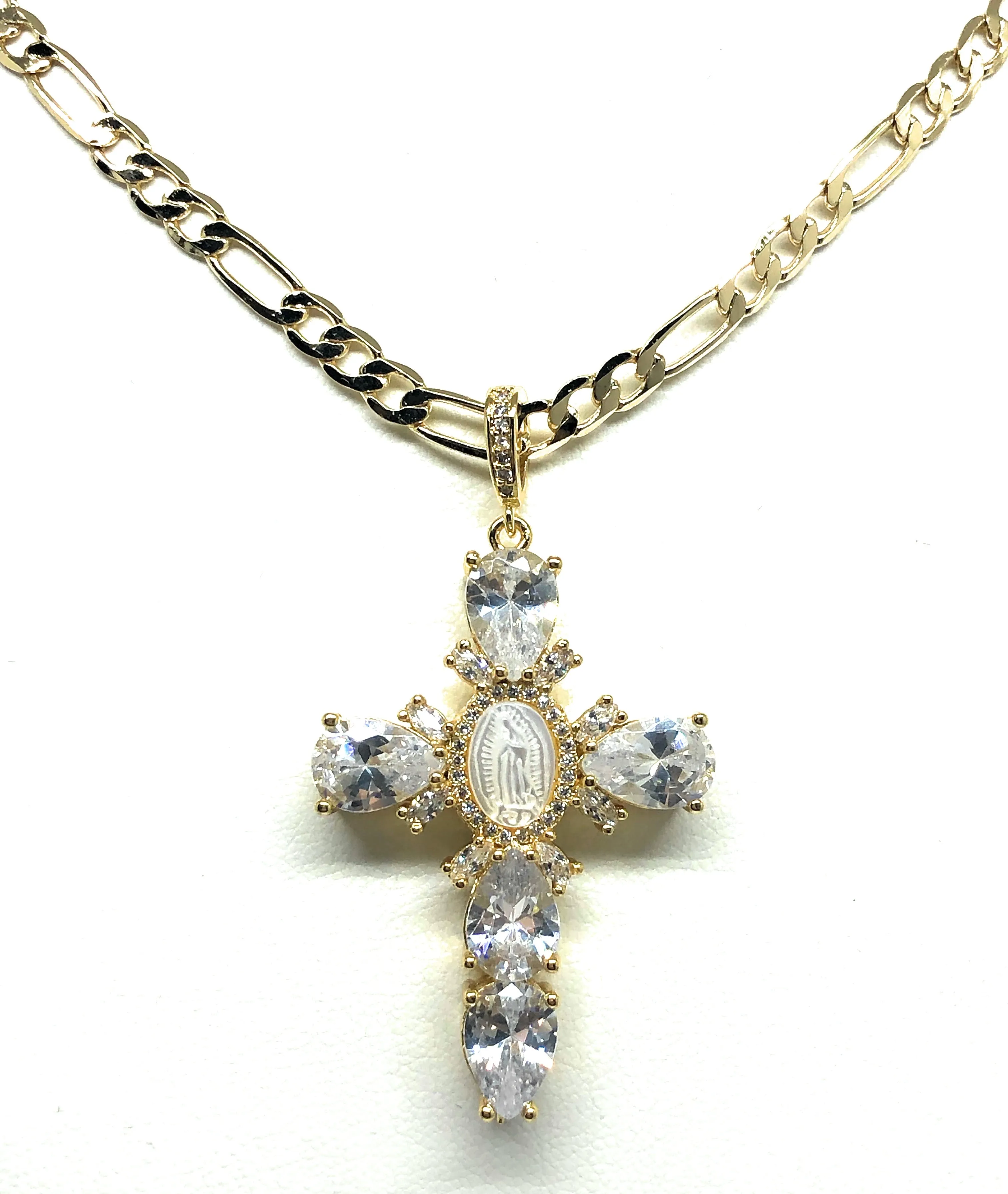 Gold Plated Cubic Zirconia Baguette Virgin Mary Cross 24” Necklace Cruz