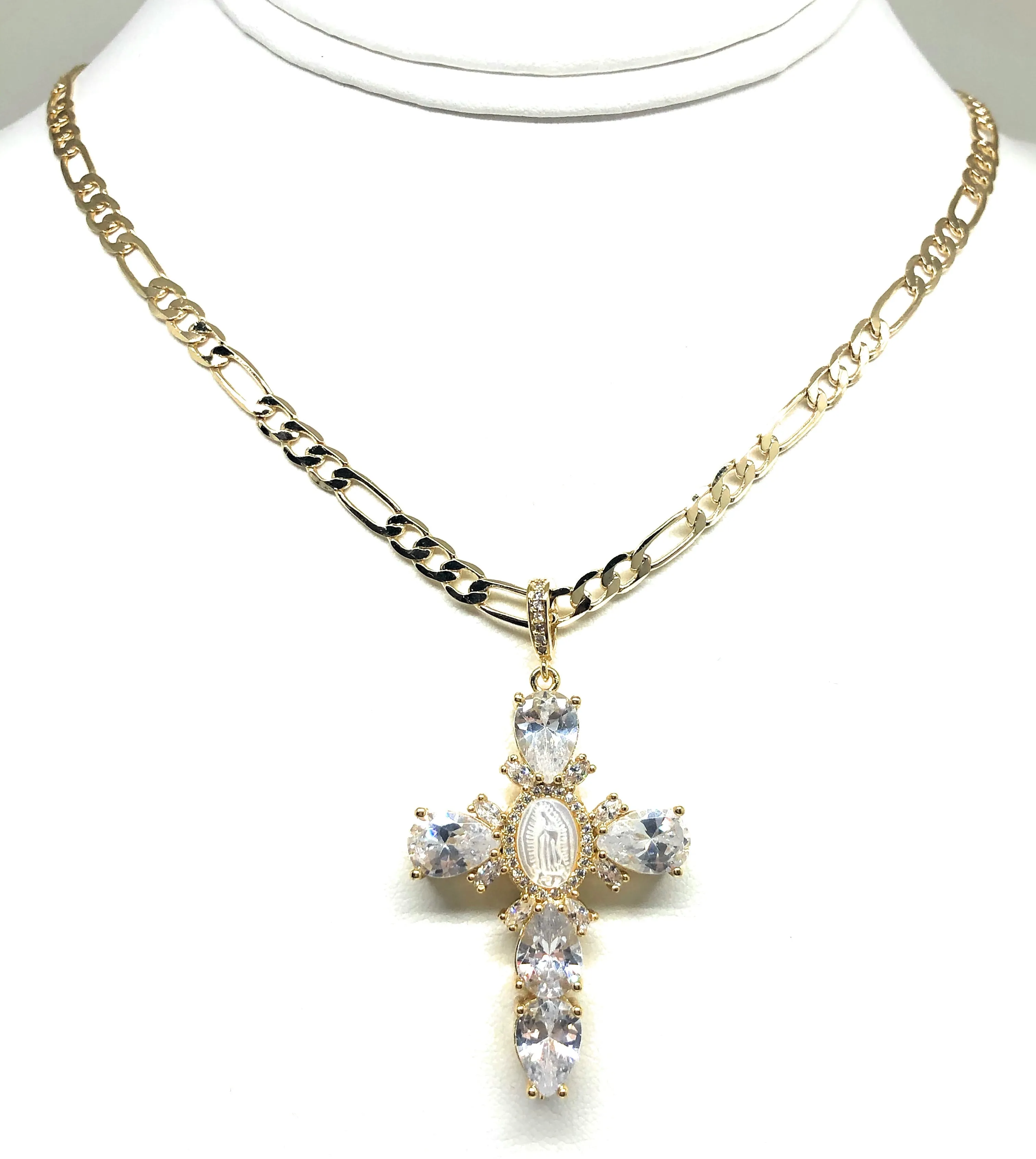 Gold Plated Cubic Zirconia Baguette Virgin Mary Cross 24” Necklace Cruz