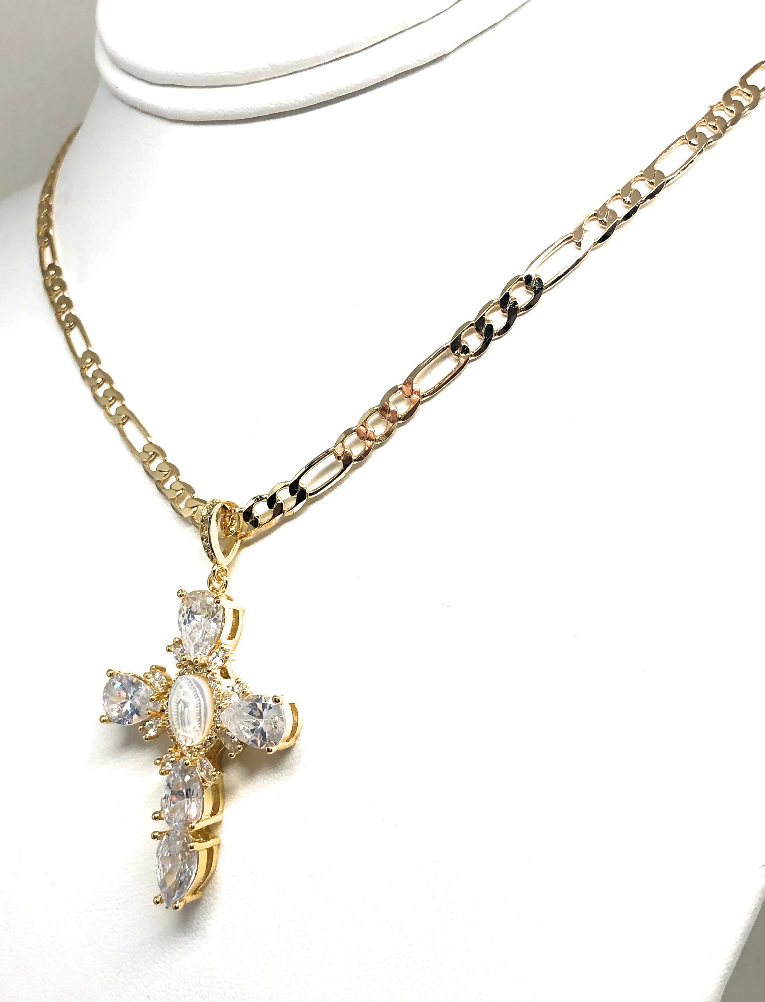 Gold Plated Cubic Zirconia Baguette Virgin Mary Cross 24” Necklace Cruz