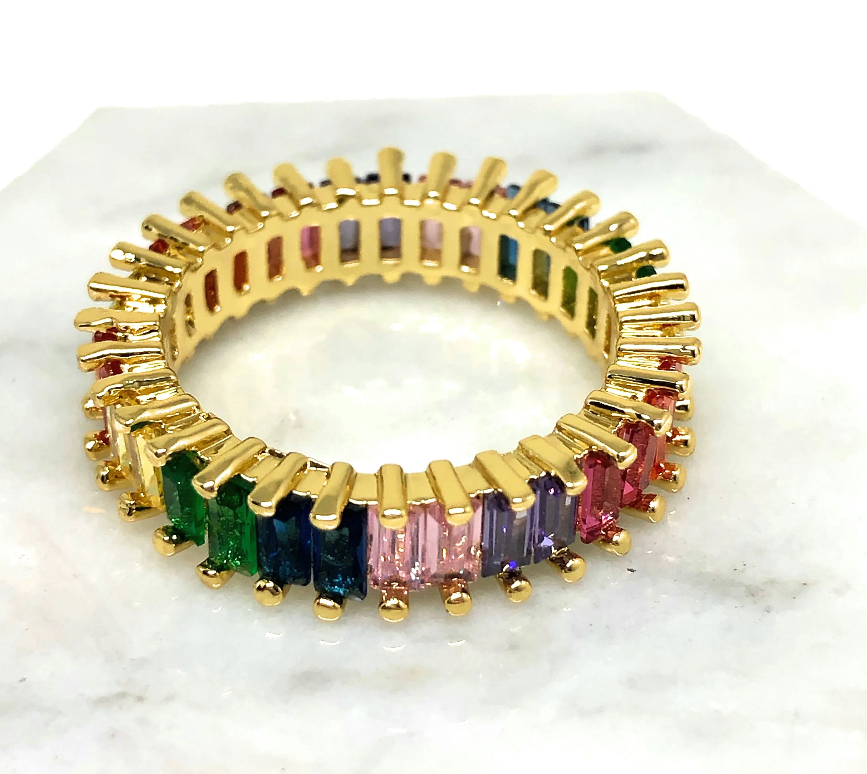 Gold Plated Multi-Color Vibrant Rainbow Baguette Ring Anillo