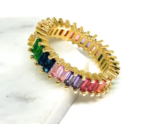 Gold Plated Multi-Color Vibrant Rainbow Baguette Ring Anillo