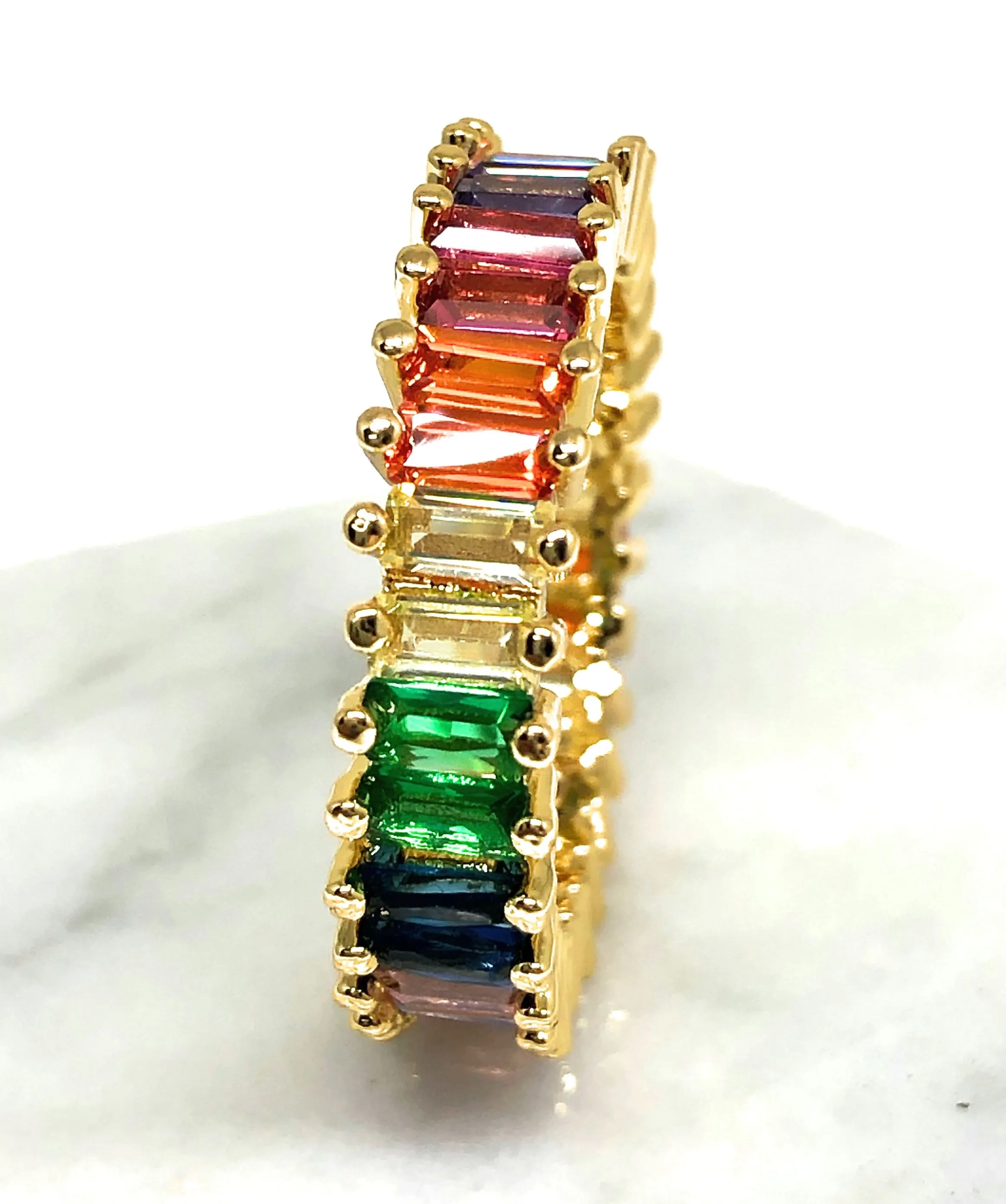 Gold Plated Multi-Color Vibrant Rainbow Baguette Ring Anillo