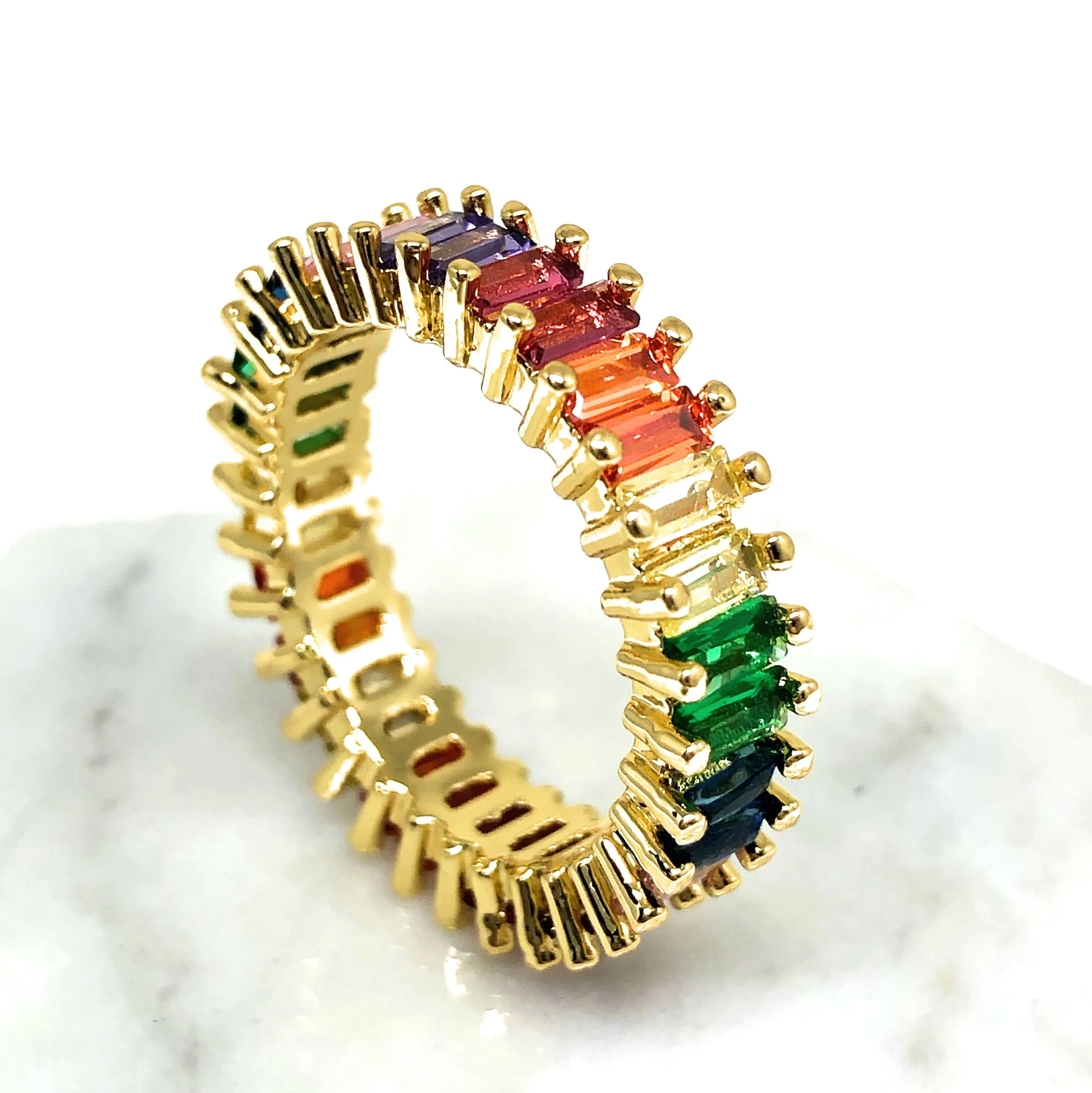 Gold Plated Multi-Color Vibrant Rainbow Baguette Ring Anillo