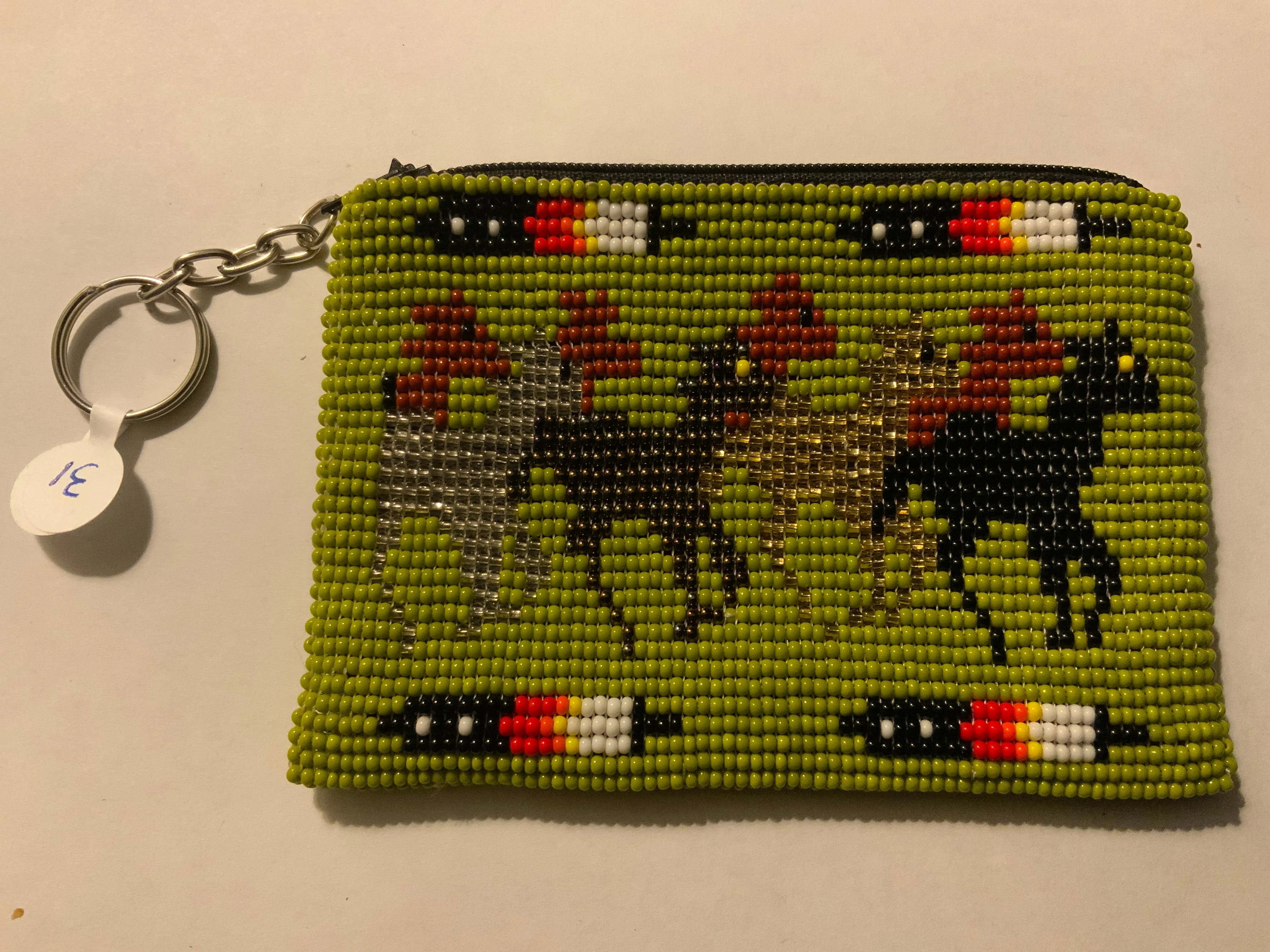 Guatemalan Pictoral handcrafted glass bead change purse with key ring.