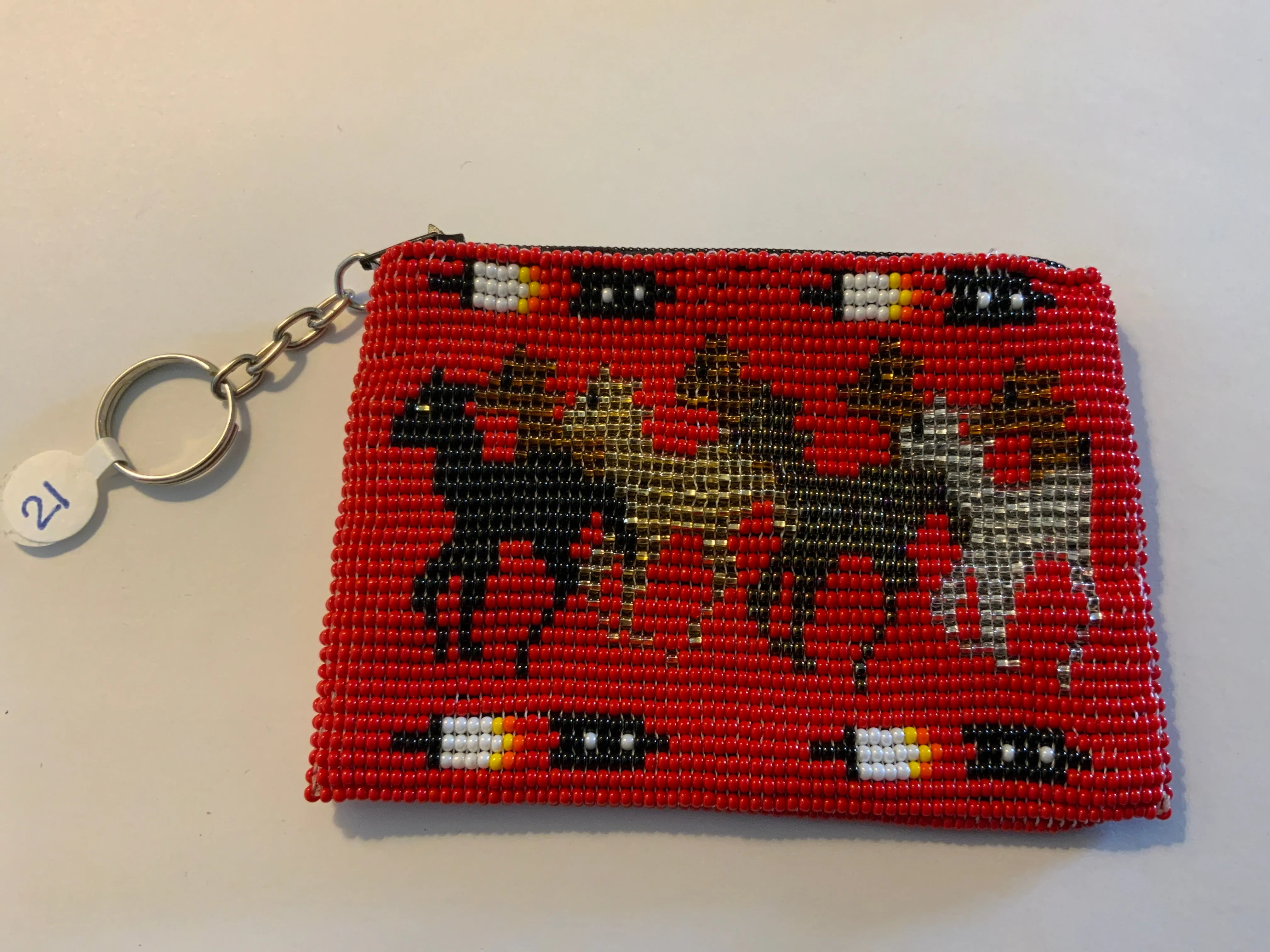 Guatemalan Pictoral handcrafted glass bead change purse with key ring.