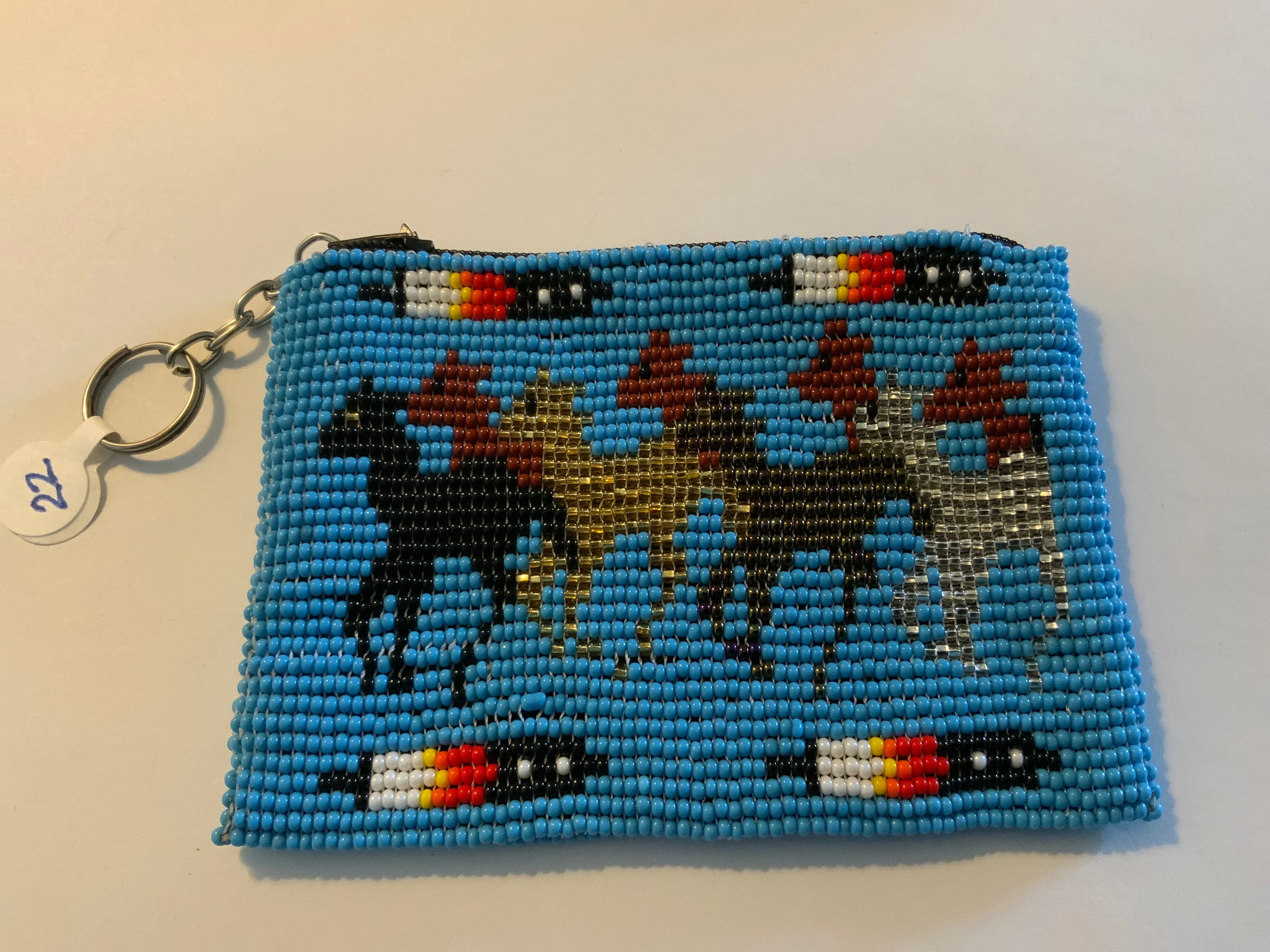 Guatemalan Pictoral handcrafted glass bead change purse with key ring.