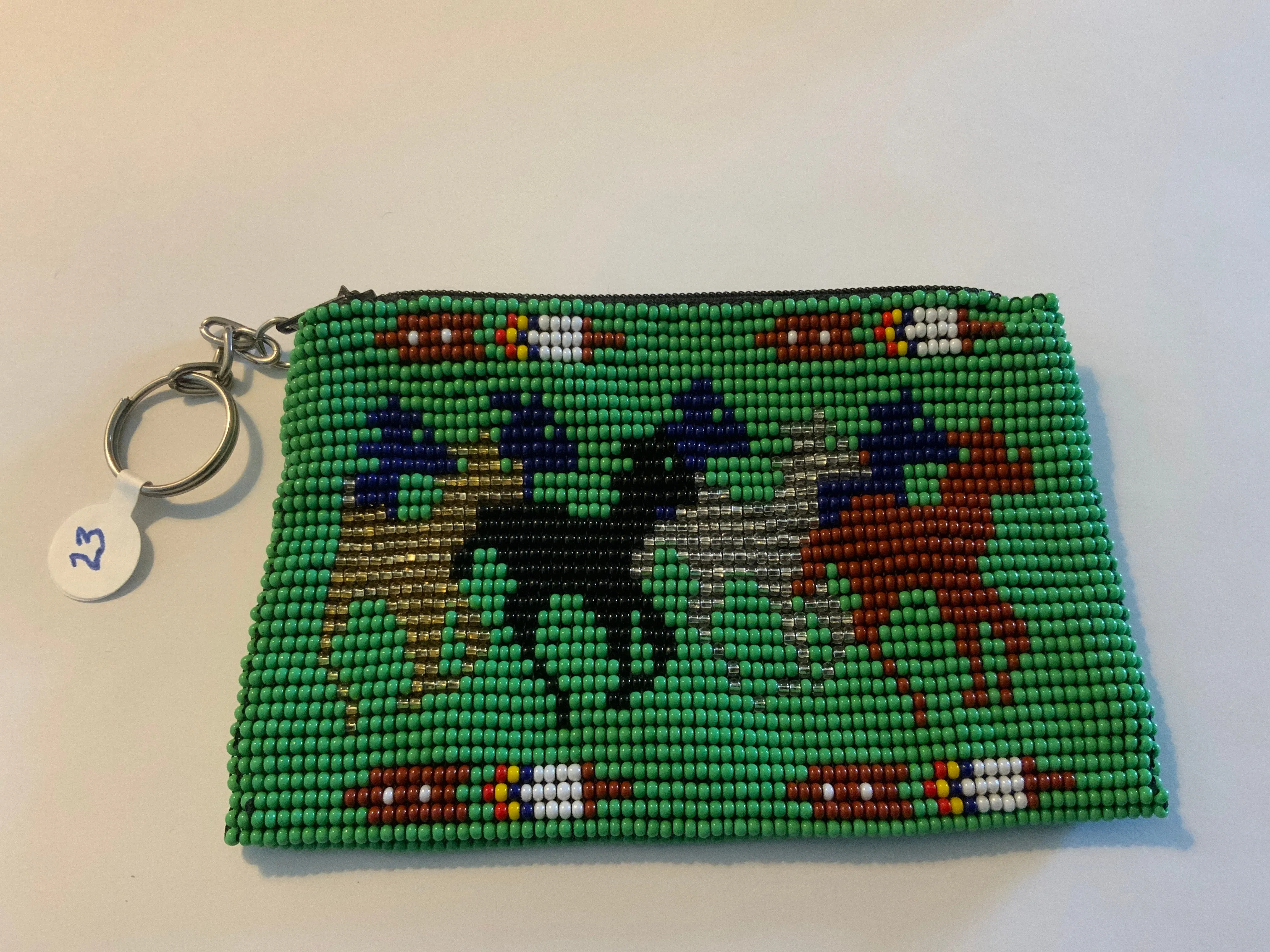 Guatemalan Pictoral handcrafted glass bead change purse with key ring.