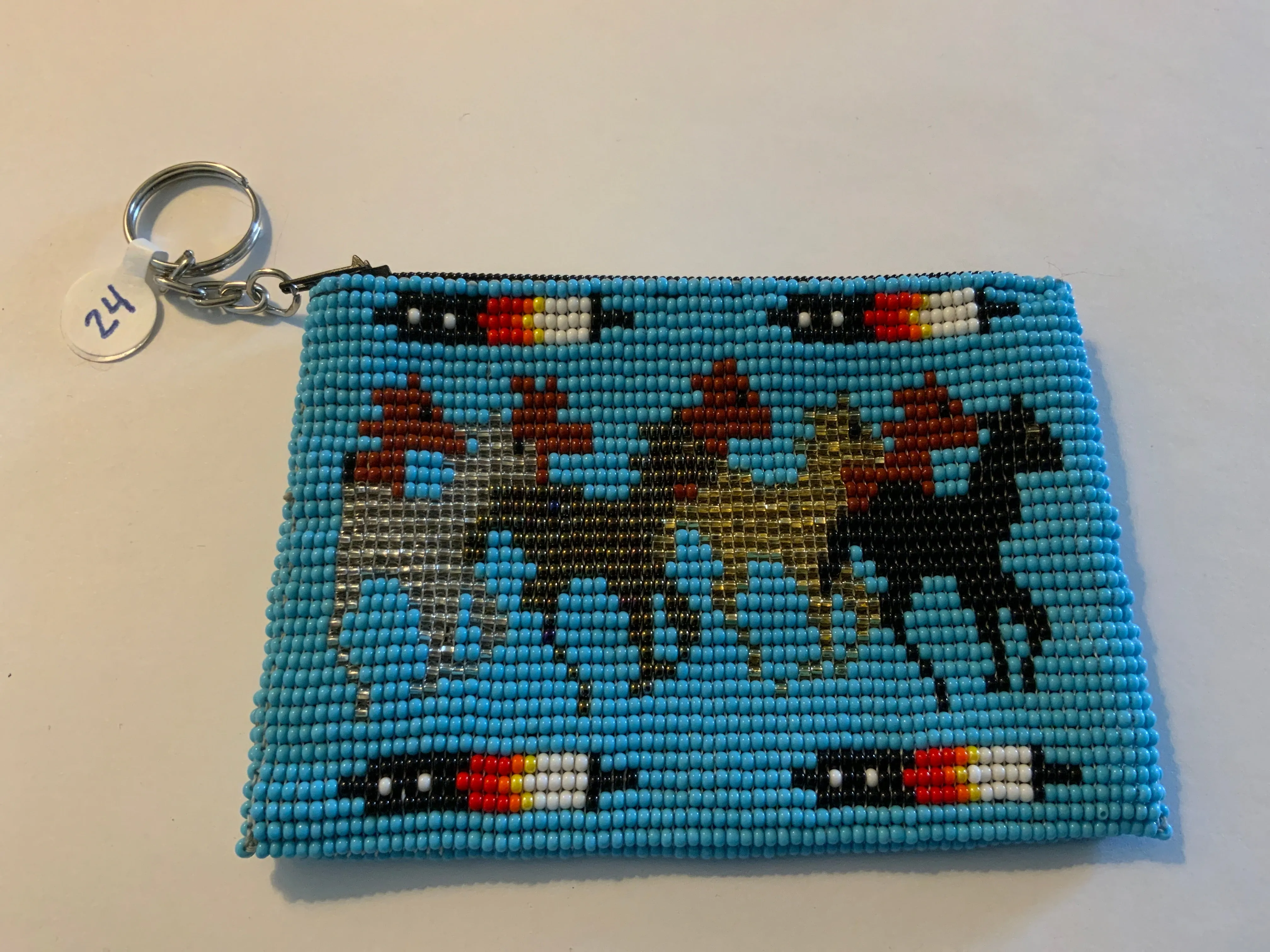 Guatemalan Pictoral handcrafted glass bead change purse with key ring.