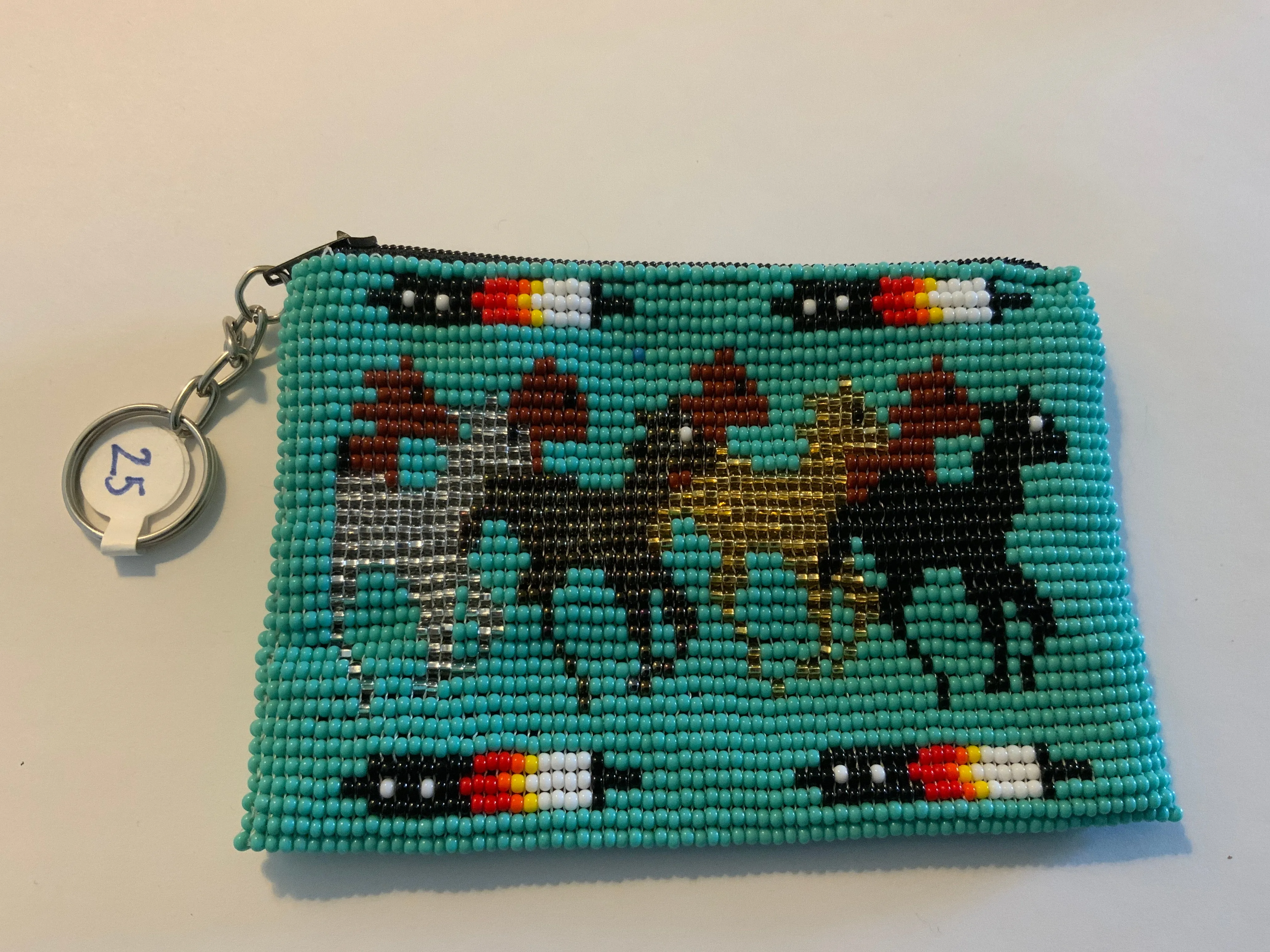 Guatemalan Pictoral handcrafted glass bead change purse with key ring.