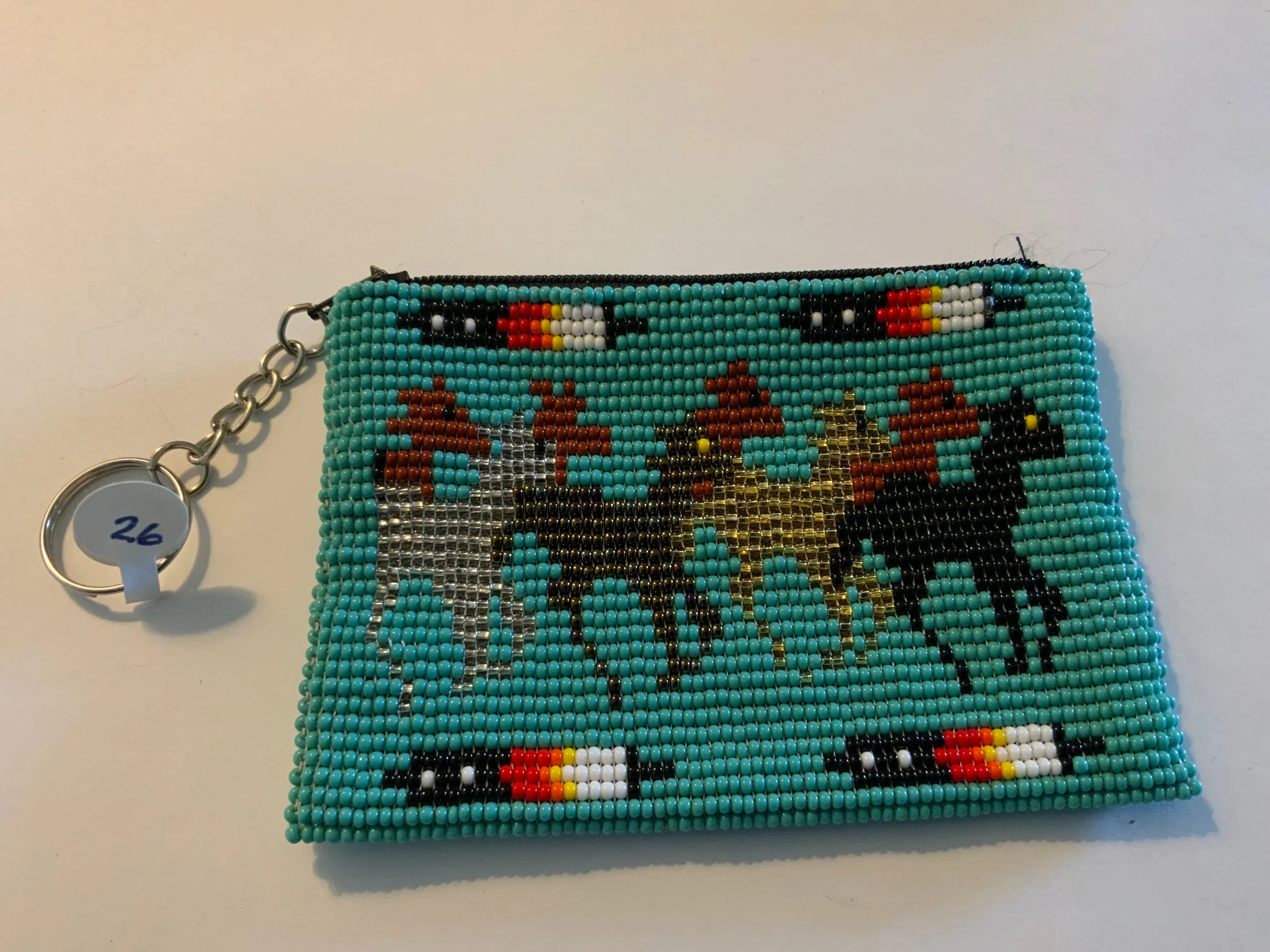 Guatemalan Pictoral handcrafted glass bead change purse with key ring.