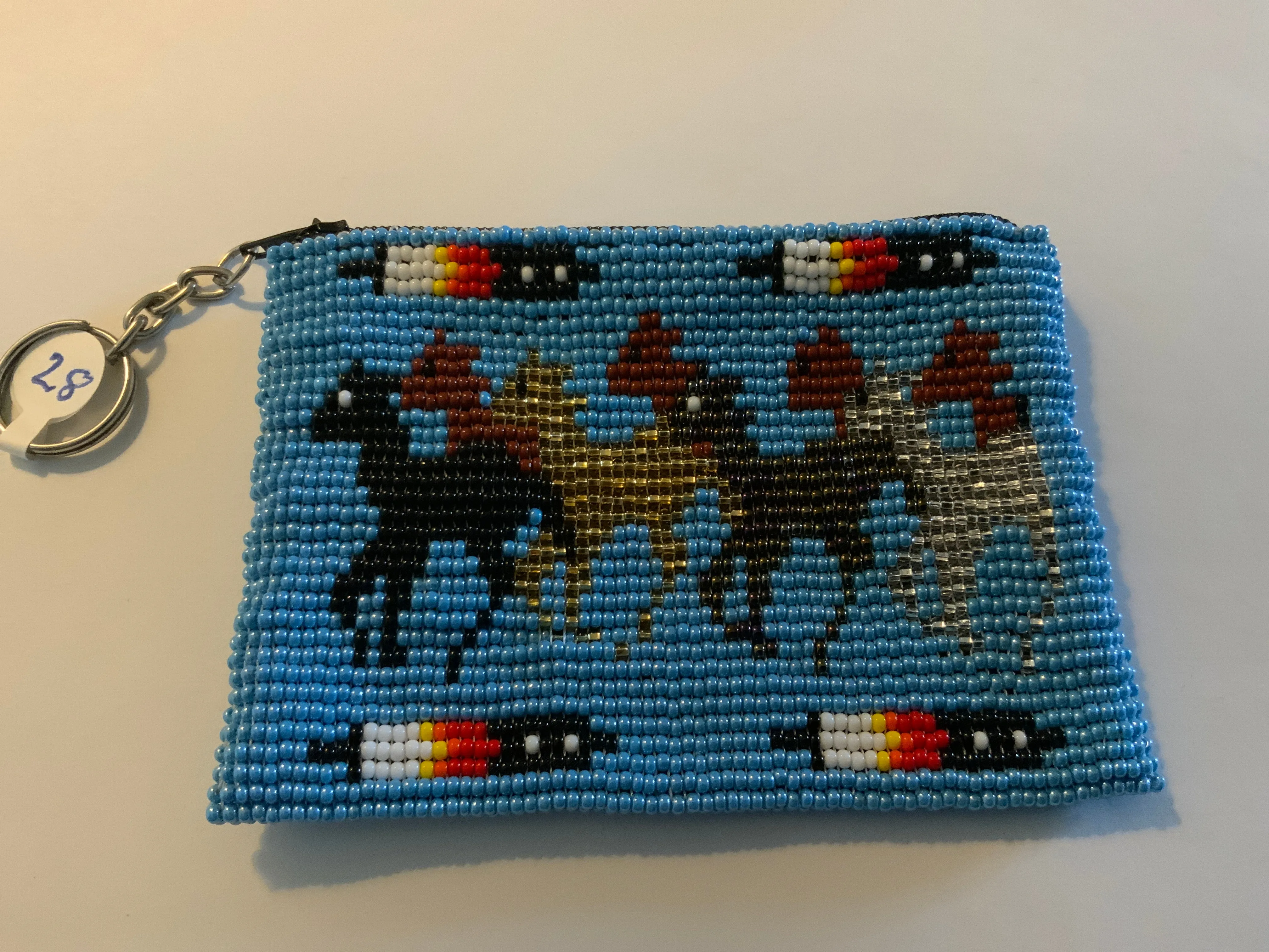 Guatemalan Pictoral handcrafted glass bead change purse with key ring.