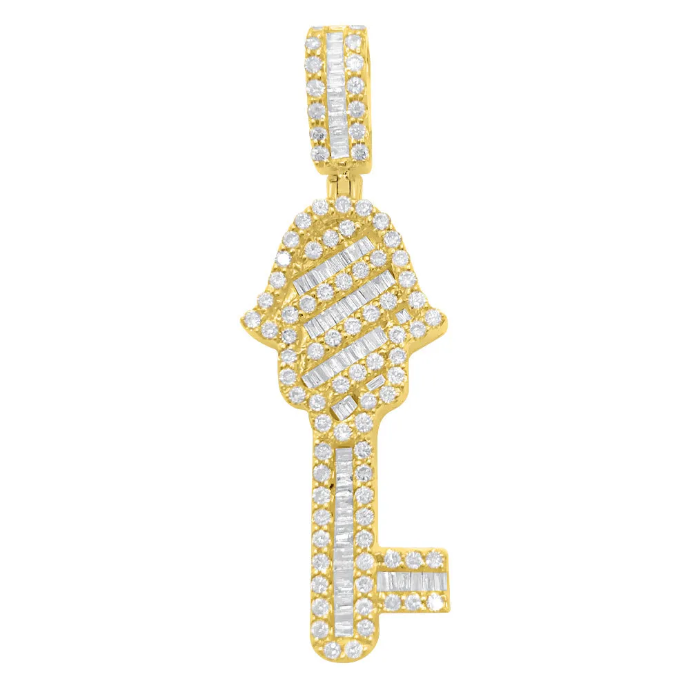 Hamsa Key Baguette Diamond Pendant 1.45cttw 10K Yellow Gold