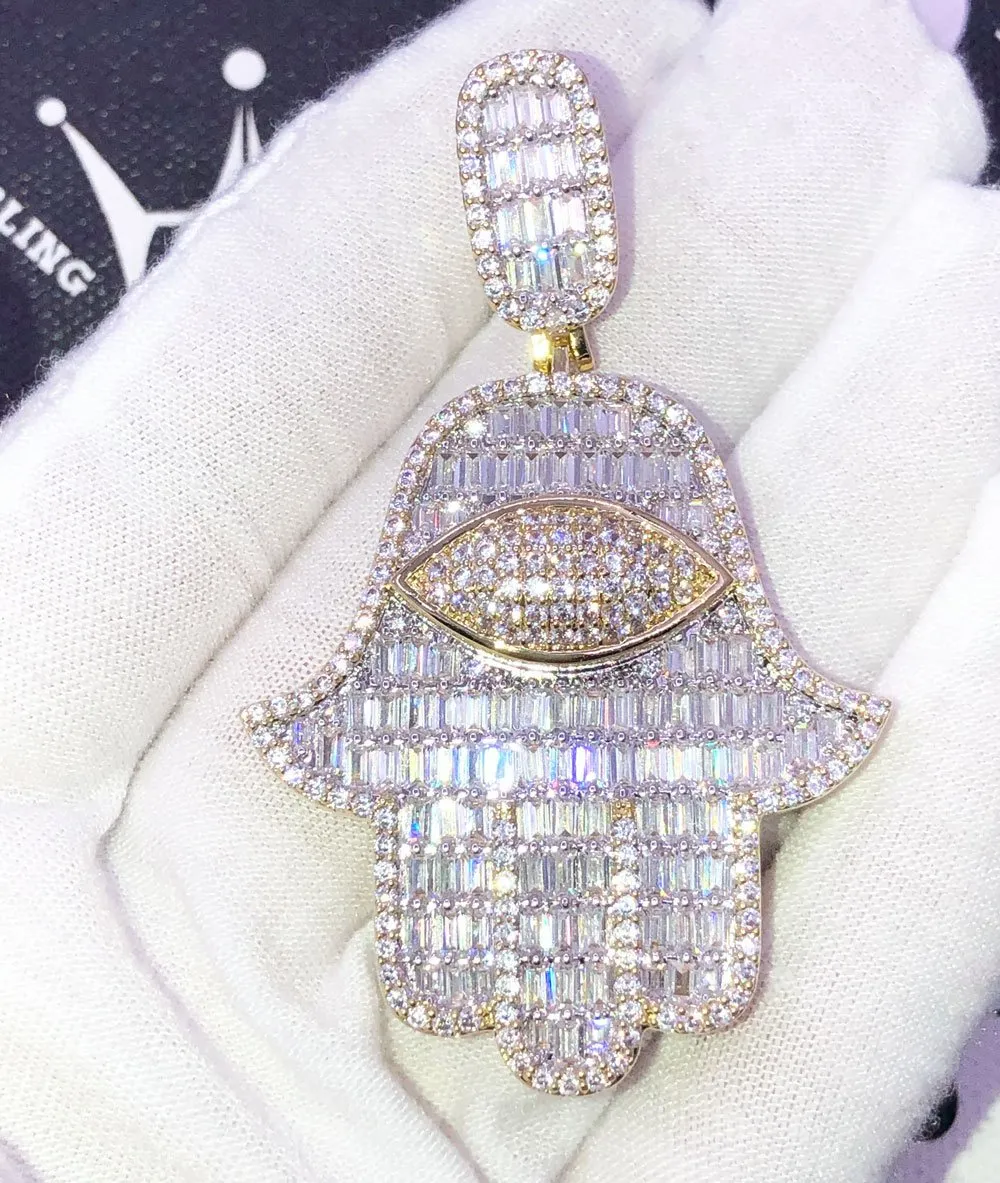 Hamsa Large Baguette CZ Hip Hop Iced Out Pendant