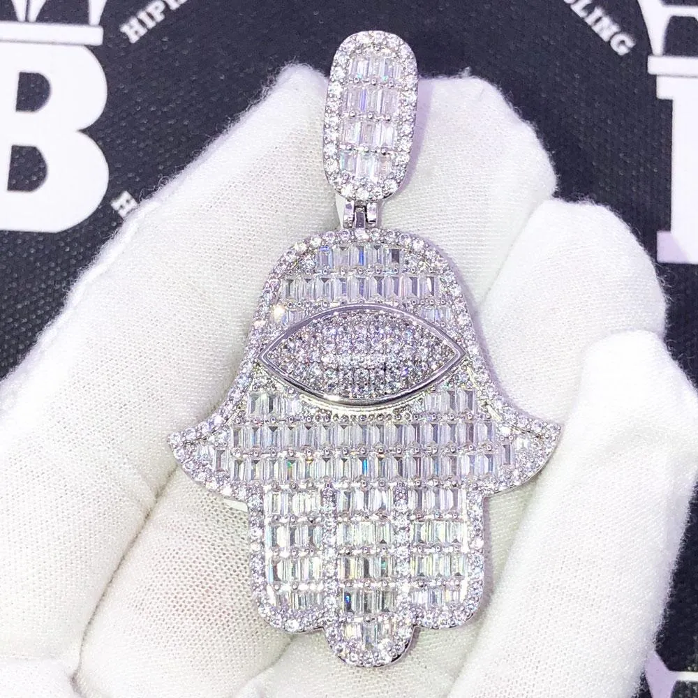 Hamsa Large Baguette CZ Hip Hop Iced Out Pendant