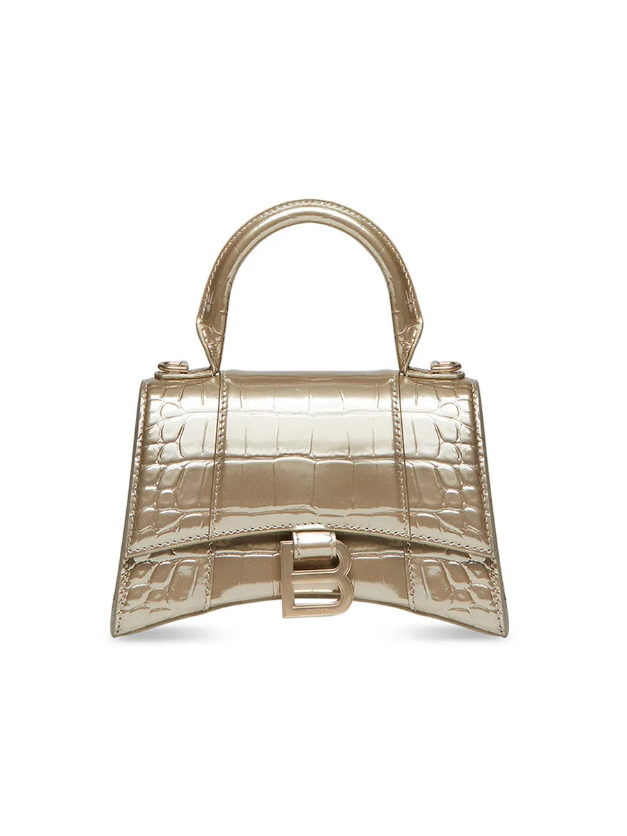 Hourglass XS Handbag with Metallized Crocodile Embossed in Light Gold