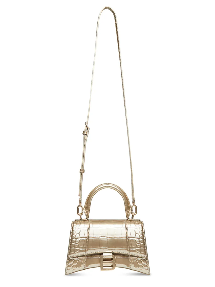 Hourglass XS Handbag with Metallized Crocodile Embossed in Light Gold