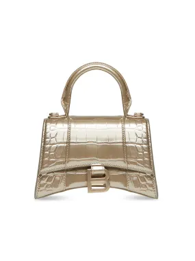 Hourglass XS Handbag with Metallized Crocodile Embossed in Light Gold