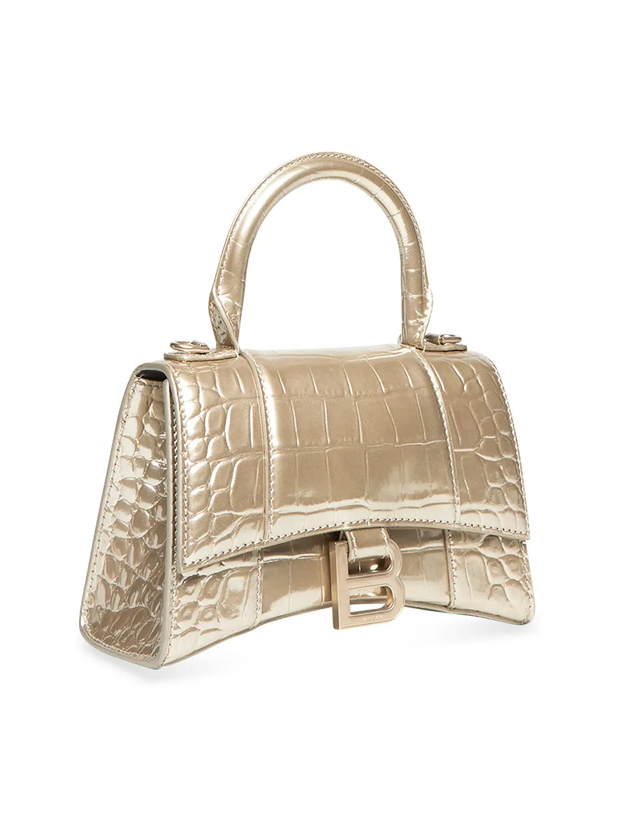 Hourglass XS Handbag with Metallized Crocodile Embossed in Light Gold