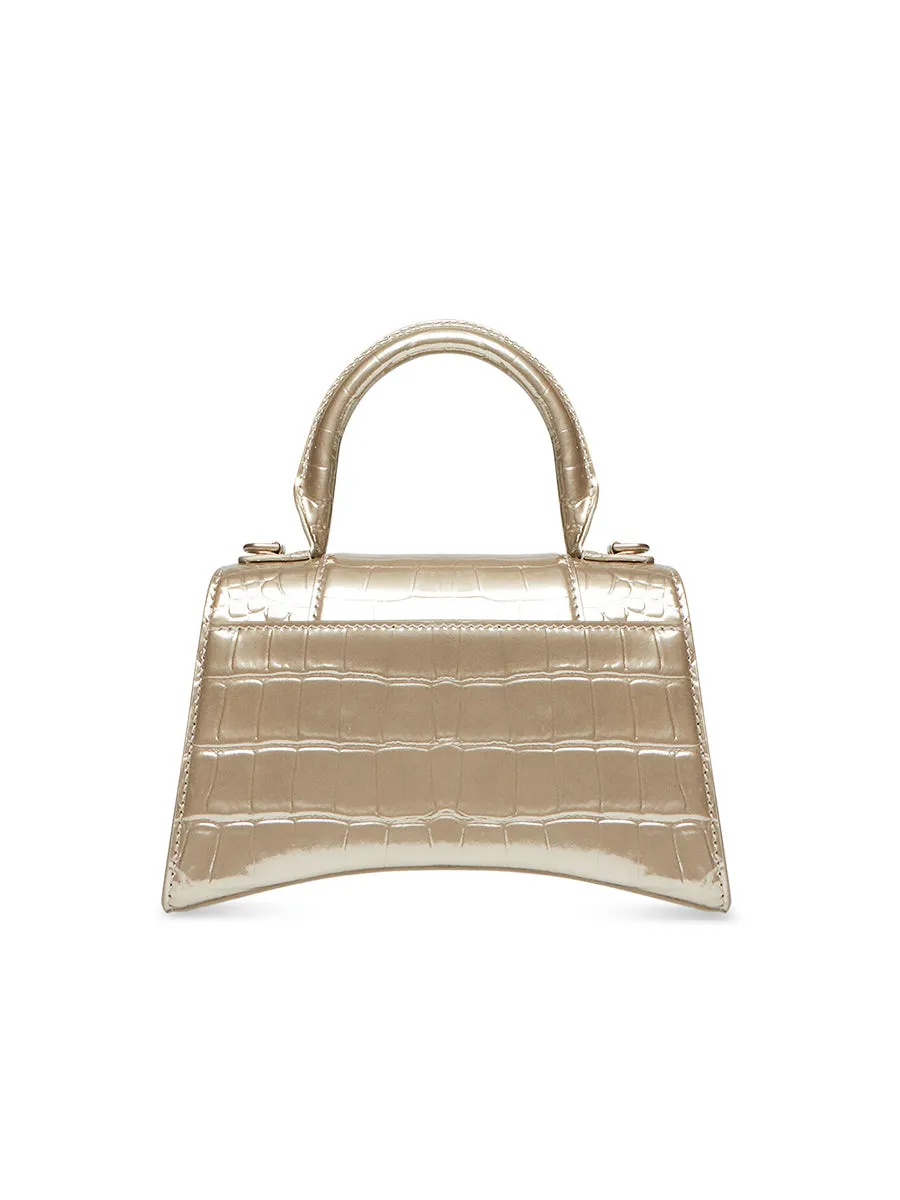 Hourglass XS Handbag with Metallized Crocodile Embossed in Light Gold