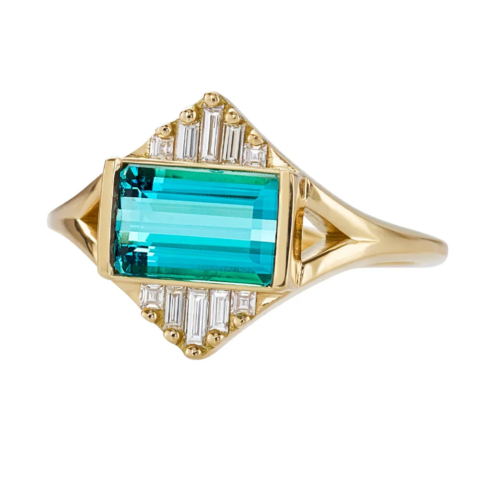 Indicolite Tourmaline Engagement Ring with Baguette Diamond Pyramids - OOAK