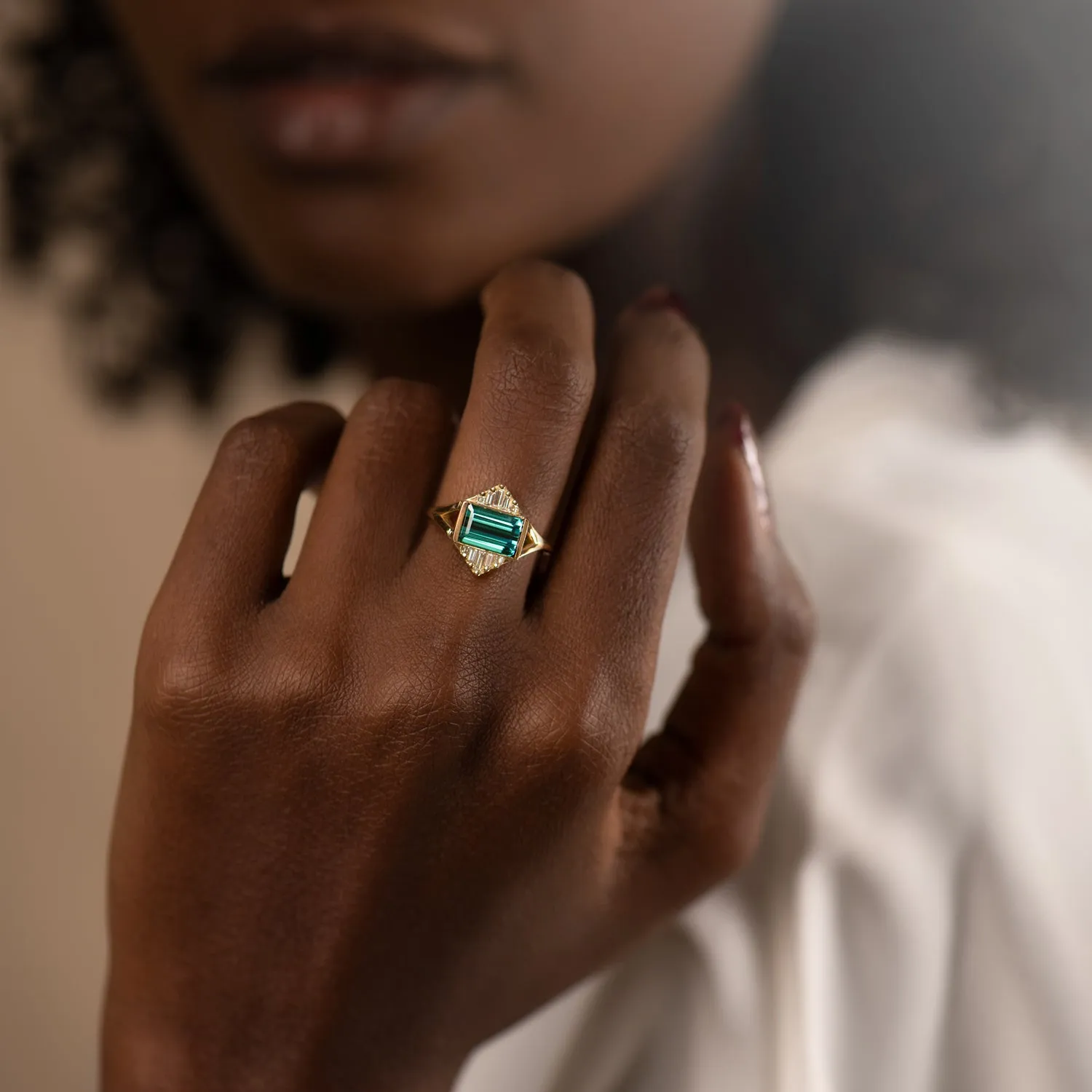 Indicolite Tourmaline Engagement Ring with Baguette Diamond Pyramids - OOAK