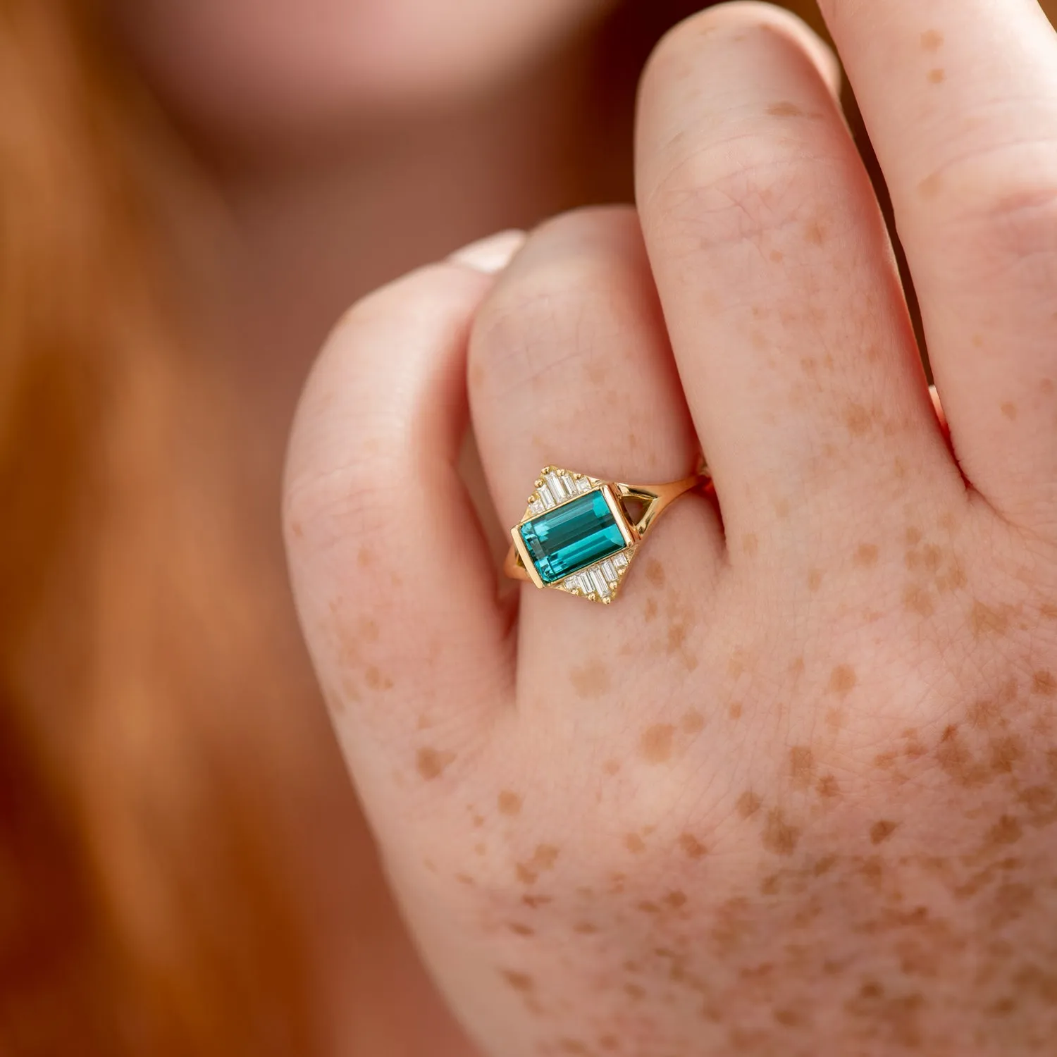 Indicolite Tourmaline Engagement Ring with Baguette Diamond Pyramids - OOAK