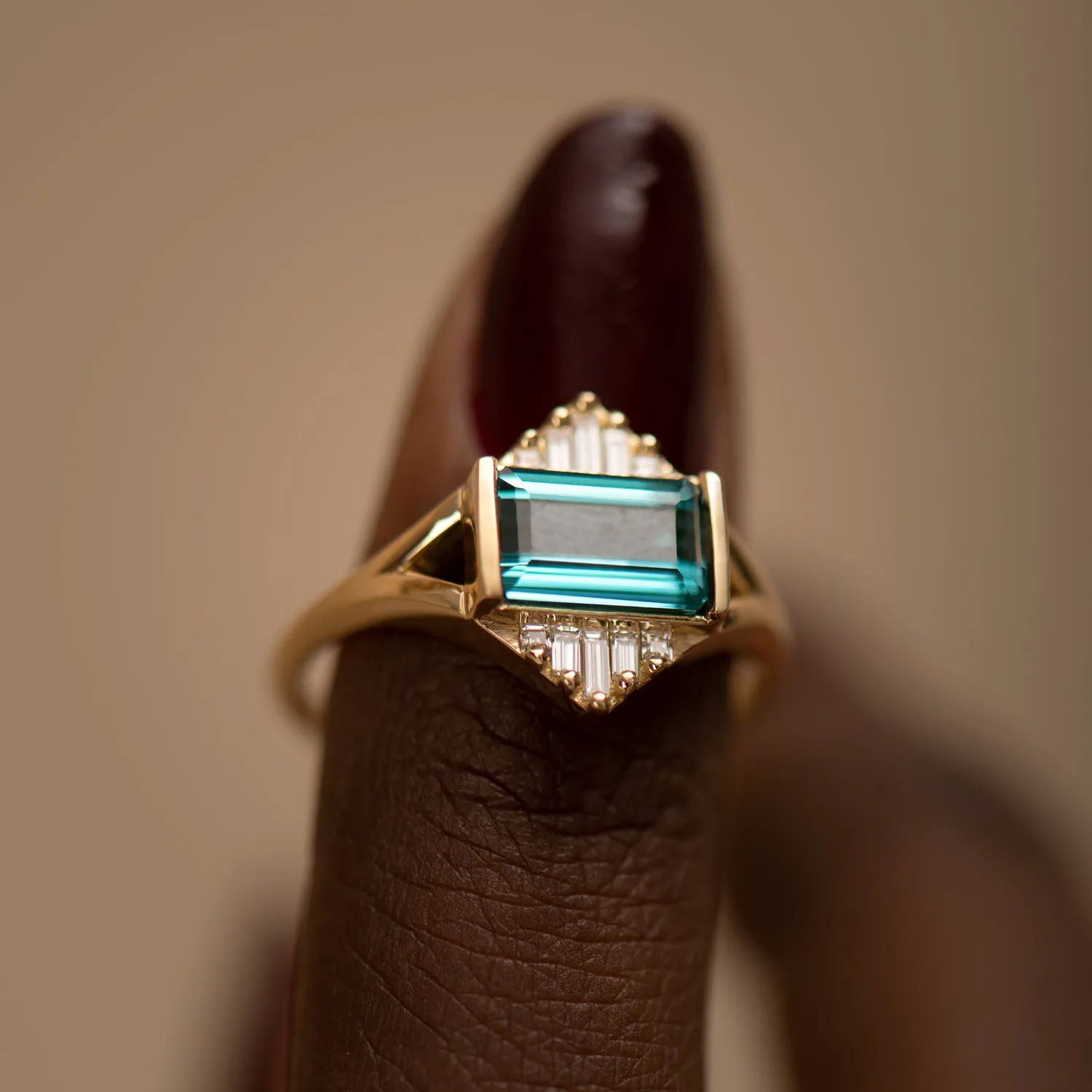 Indicolite Tourmaline Engagement Ring with Baguette Diamond Pyramids - OOAK