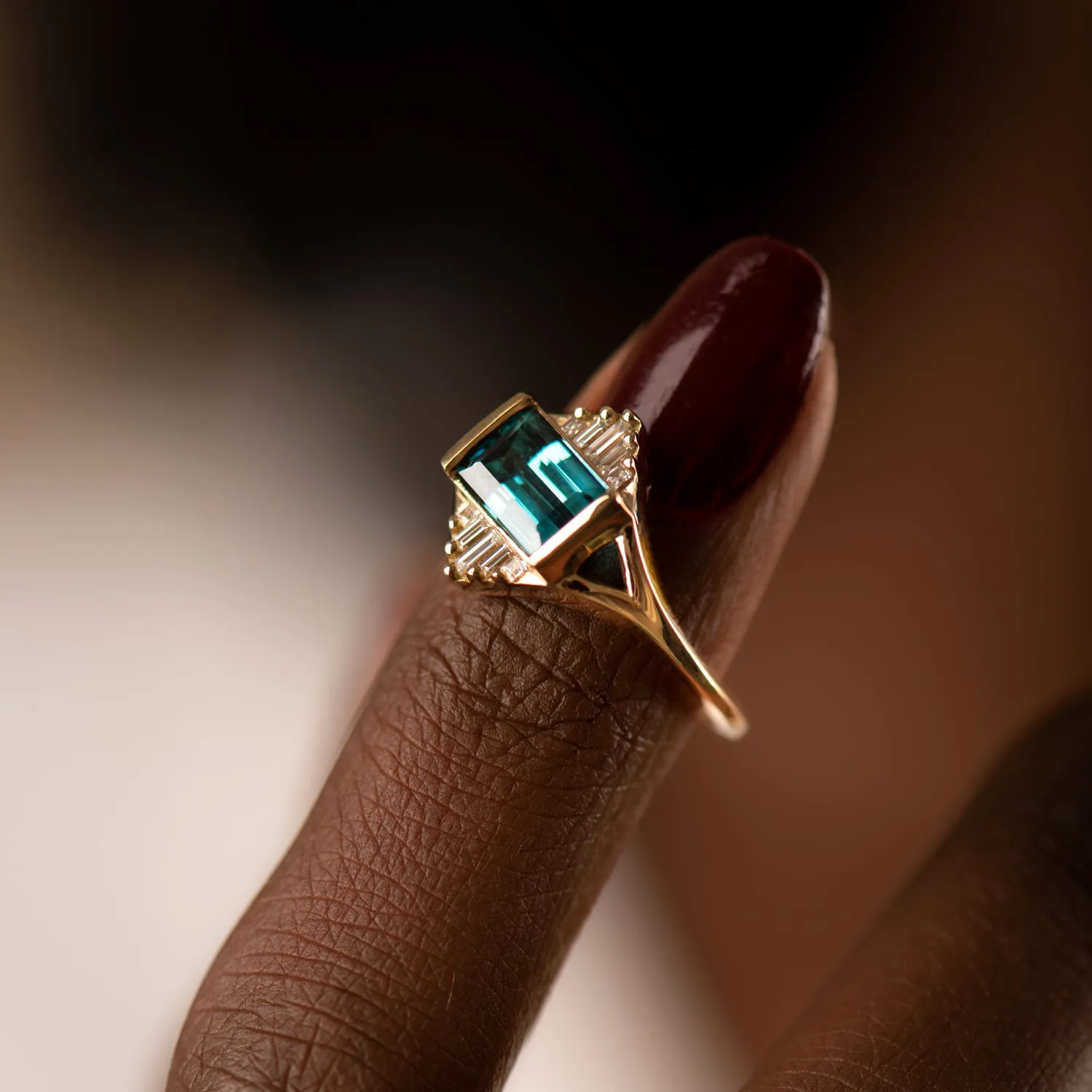 Indicolite Tourmaline Engagement Ring with Baguette Diamond Pyramids - OOAK