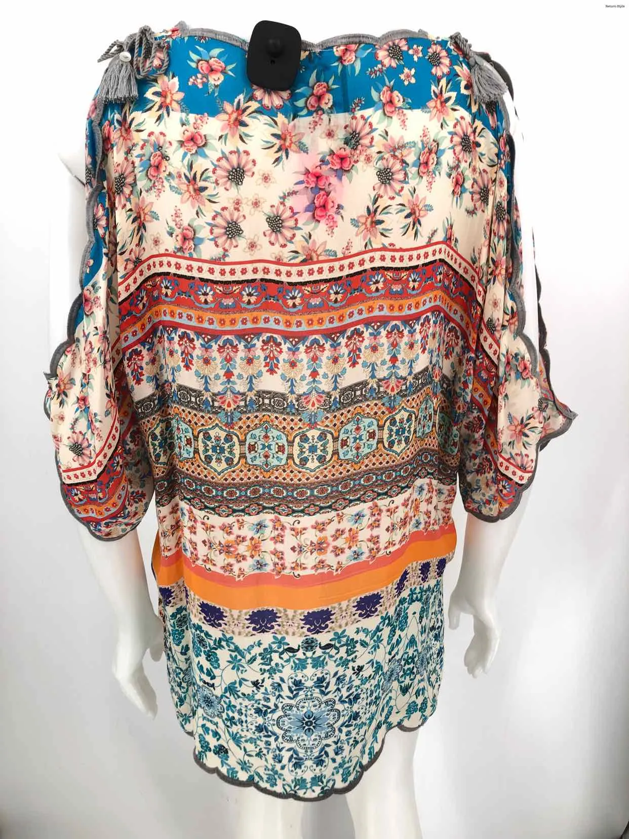 JOHNNY WAS Cream Red Multi Print Cold Shoulder Size MEDIUM (M) Top