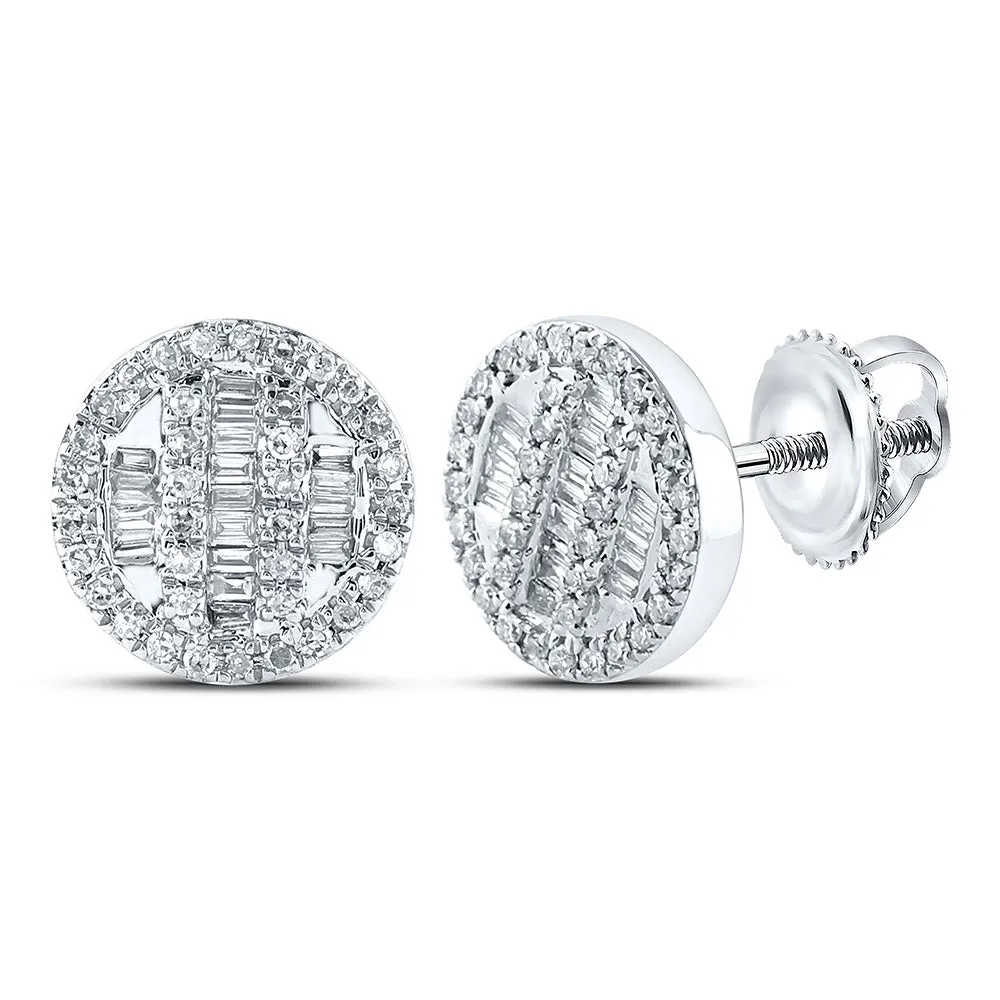 Keene Jewelers 10kt White Gold Mens Baguette Diamond Circle Cluster Earrings 1/3 Cttw