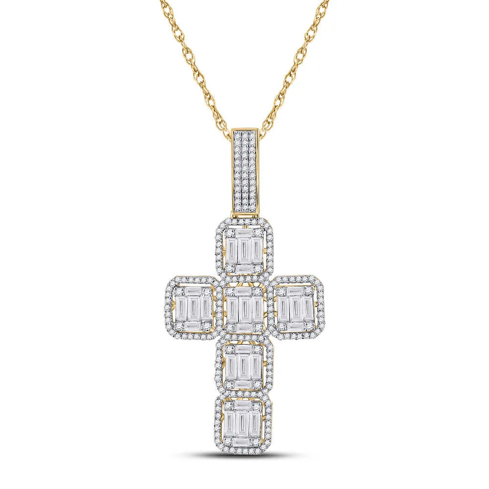 Keene Jewelers 10kt Yellow Gold Mens Baguette Diamond Cross Charm Pendant 1-7/8 Cttw