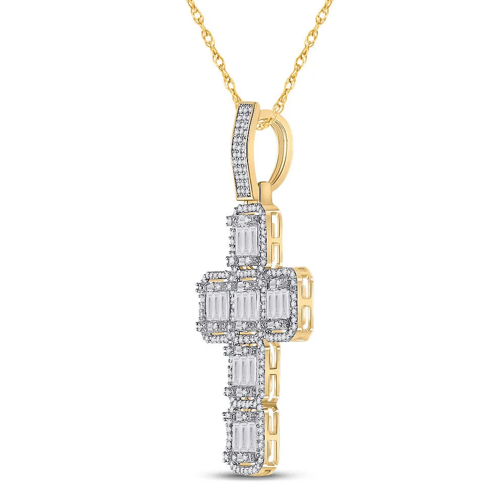 Keene Jewelers 10kt Yellow Gold Mens Baguette Diamond Cross Charm Pendant 1-7/8 Cttw