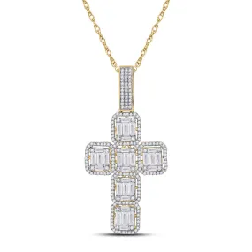 Keene Jewelers 10kt Yellow Gold Mens Baguette Diamond Cross Charm Pendant 1-7/8 Cttw