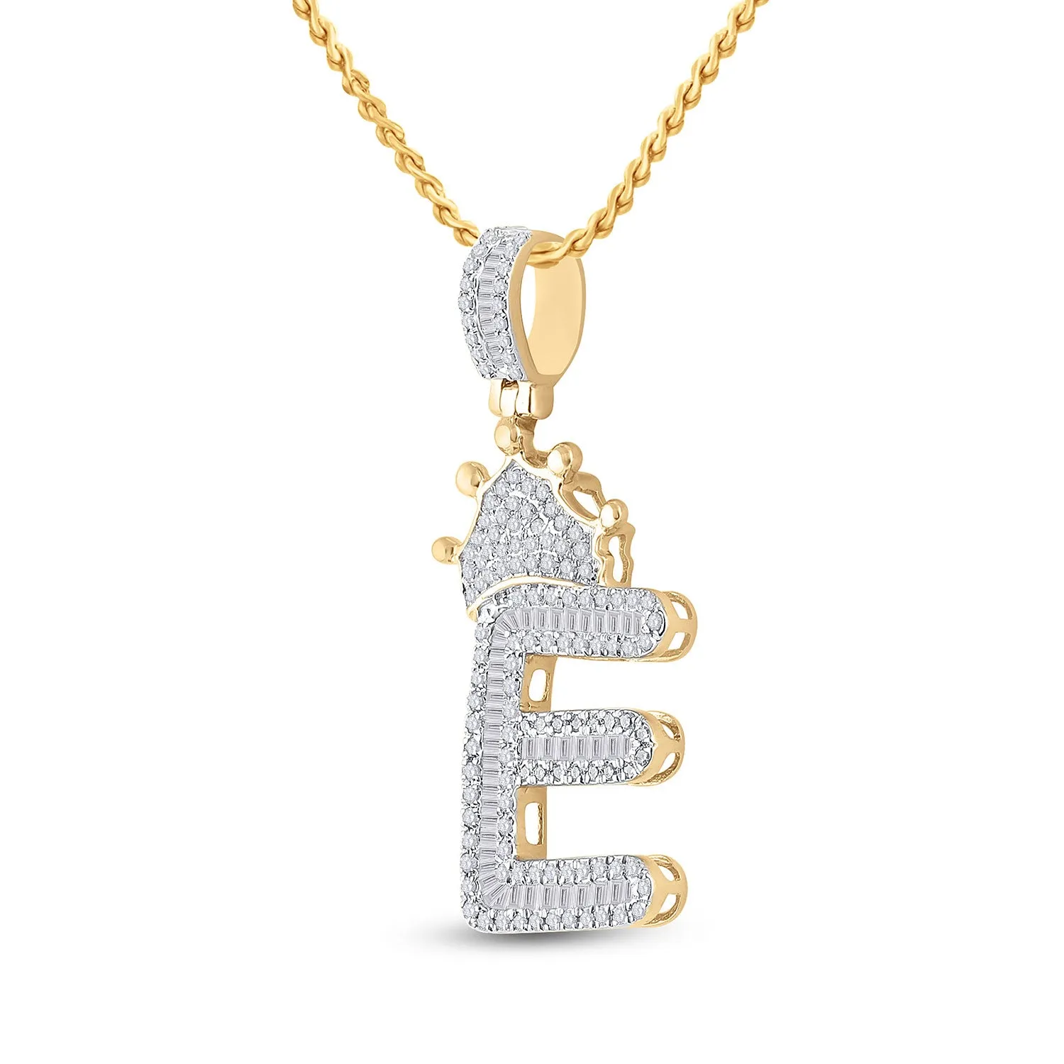 Keene Jewelers 10kt Yellow Gold Mens Baguette Diamond Crown E Letter Charm Pendant 3/4 Cttw