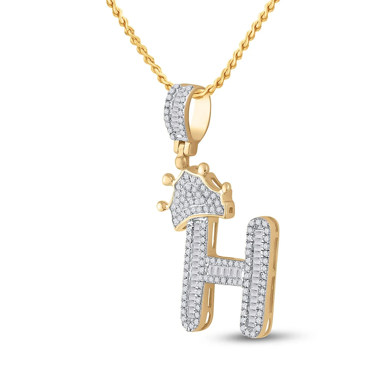 Keene Jewelers 10kt Yellow Gold Mens Baguette Diamond Crown H Letter Charm Pendant 5/8 Cttw