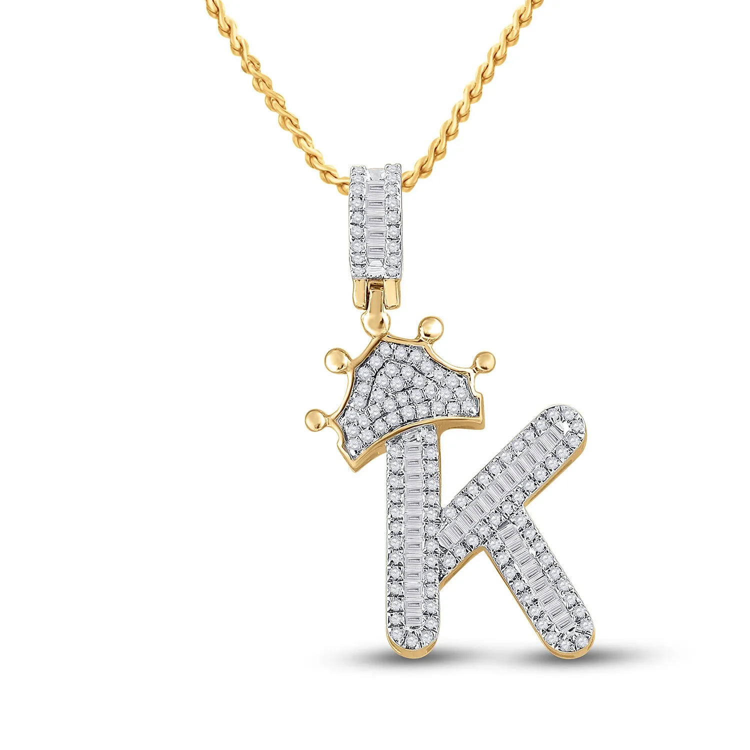 Keene Jewelers 10kt Yellow Gold Mens Baguette Diamond Crown K Letter Charm Pendant 5/8 Cttw