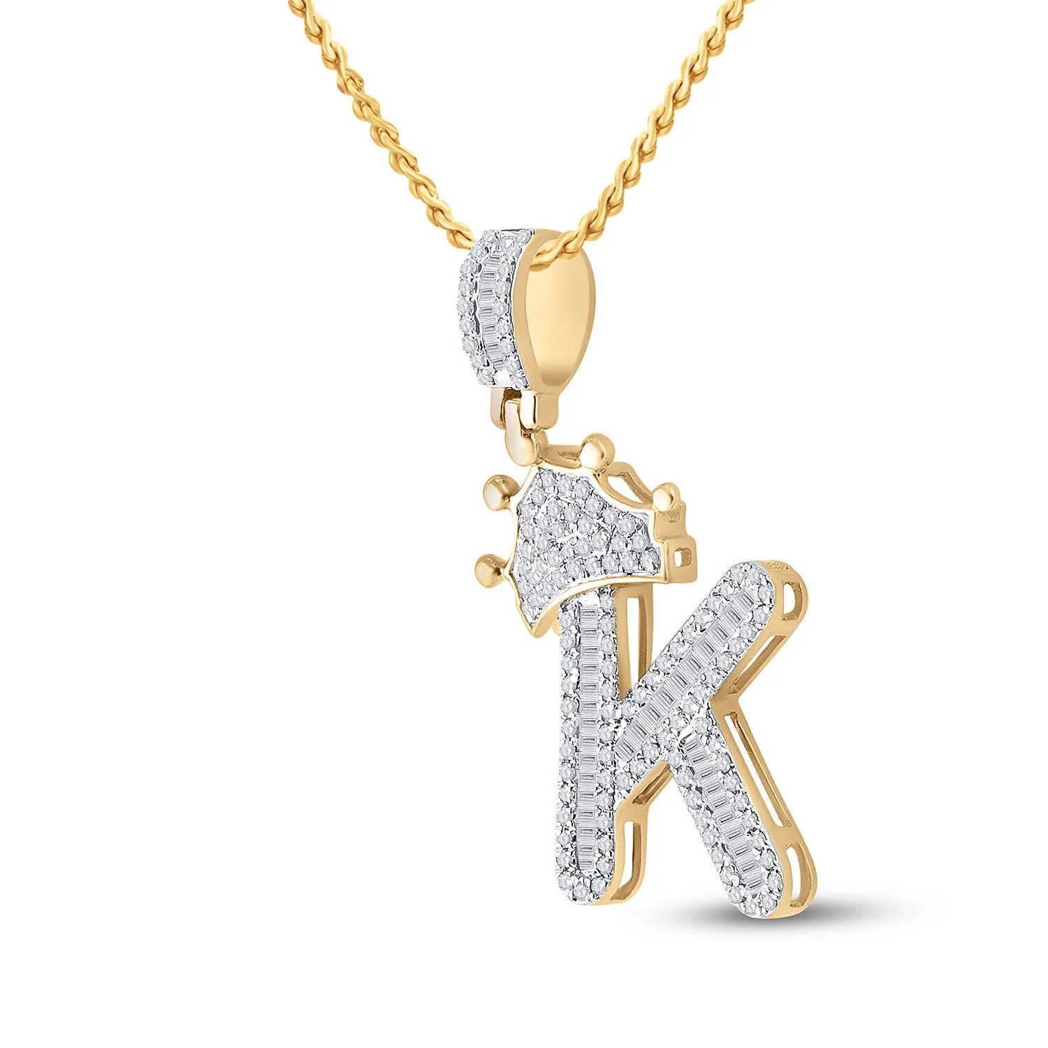 Keene Jewelers 10kt Yellow Gold Mens Baguette Diamond Crown K Letter Charm Pendant 5/8 Cttw