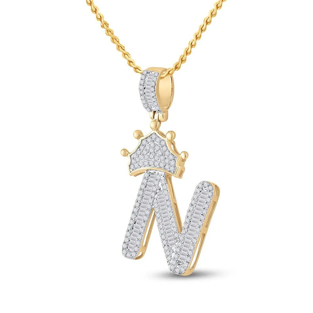 Keene Jewelers 10kt Yellow Gold Mens Baguette Diamond Crown N Letter Charm Pendant 3/4 Cttw